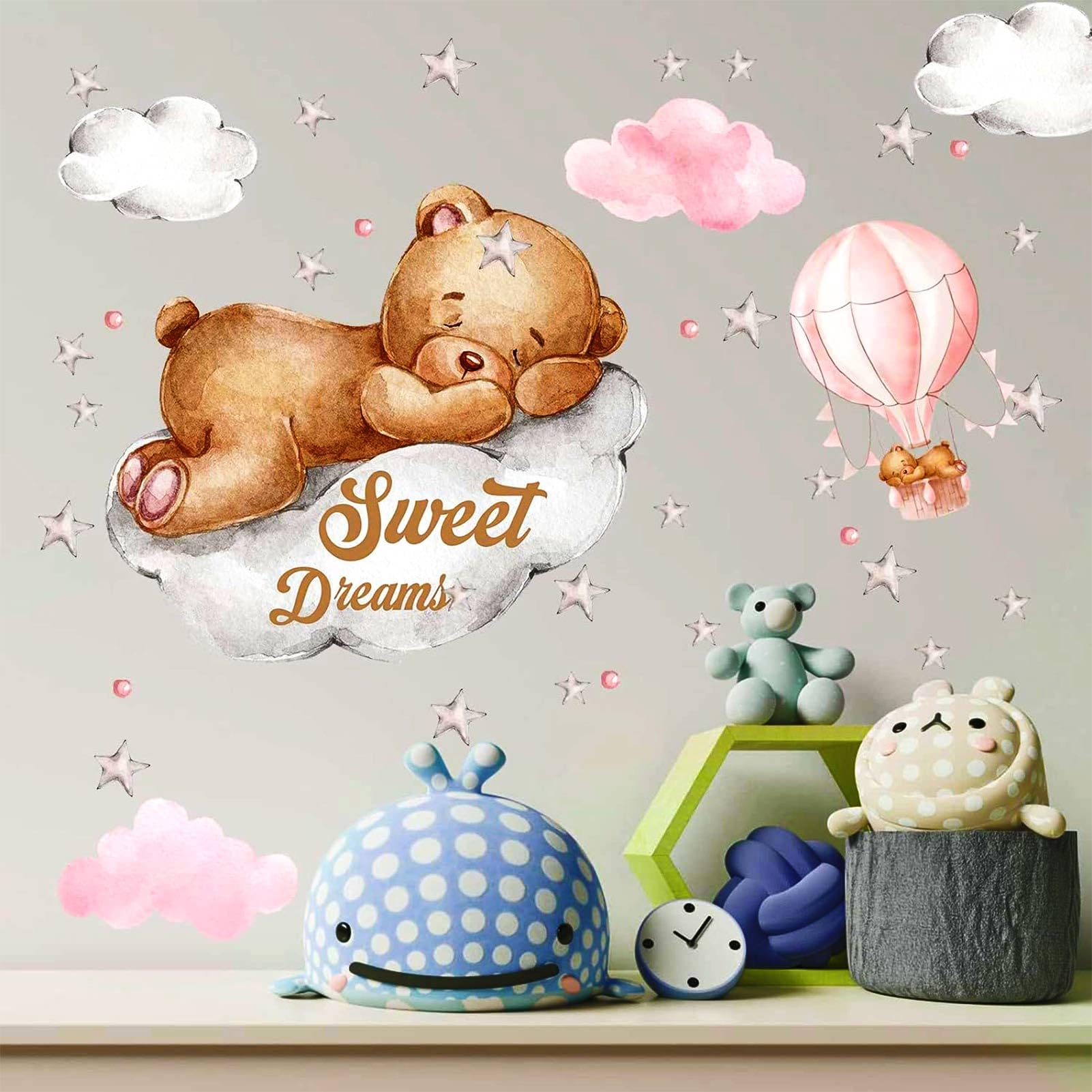 Tedy Bear Wall Stickers, Bear Nursery Wall Decor, Bear Sleeping On The Moon And Stars Wall Stickers For Nursery, Babies Room Bea