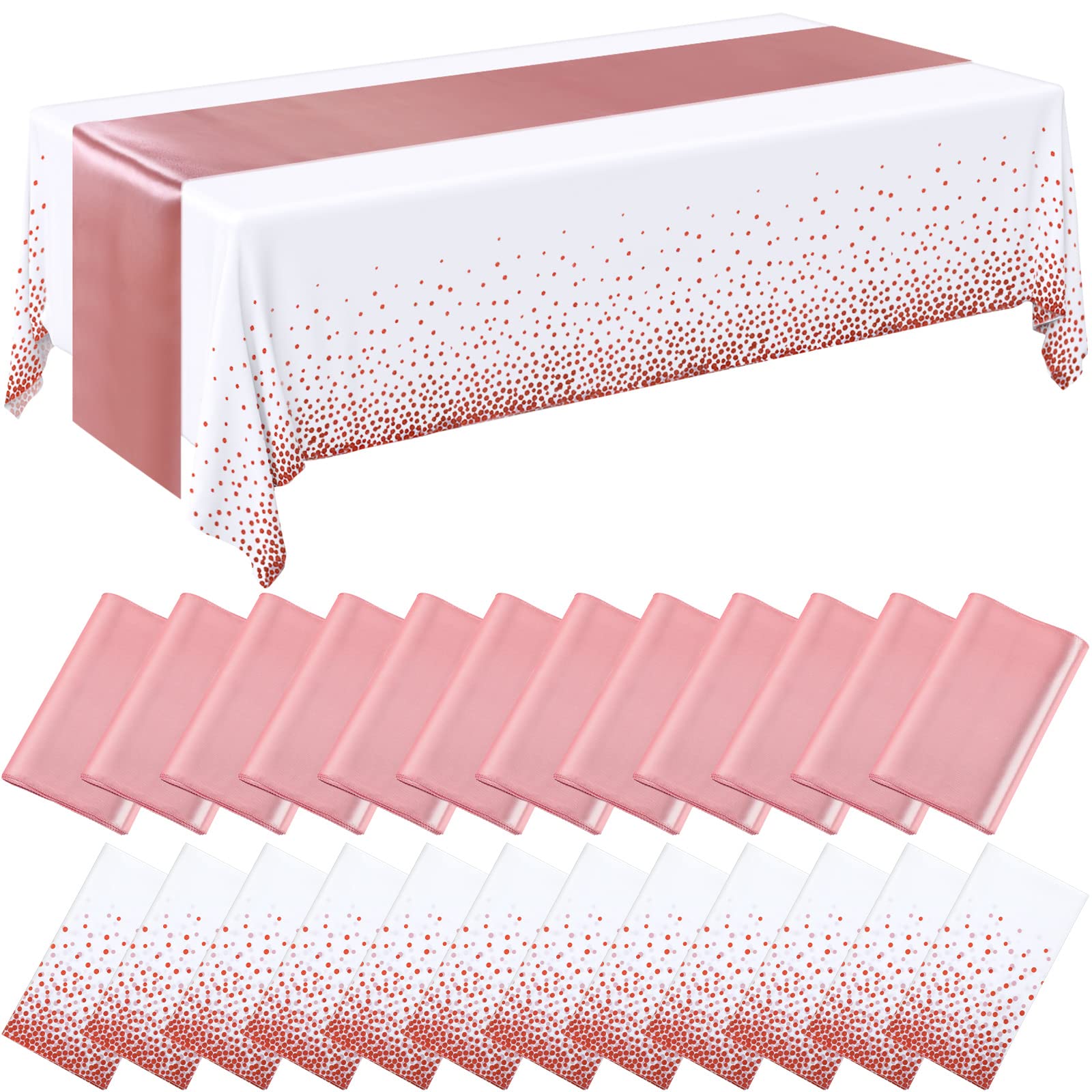 Breling 24 Packs White and Rose Gold Disposable Plastic Tablecloths and Satin Table Runner Set, 54 x 108 Inch Tablecloth, 12 x 1