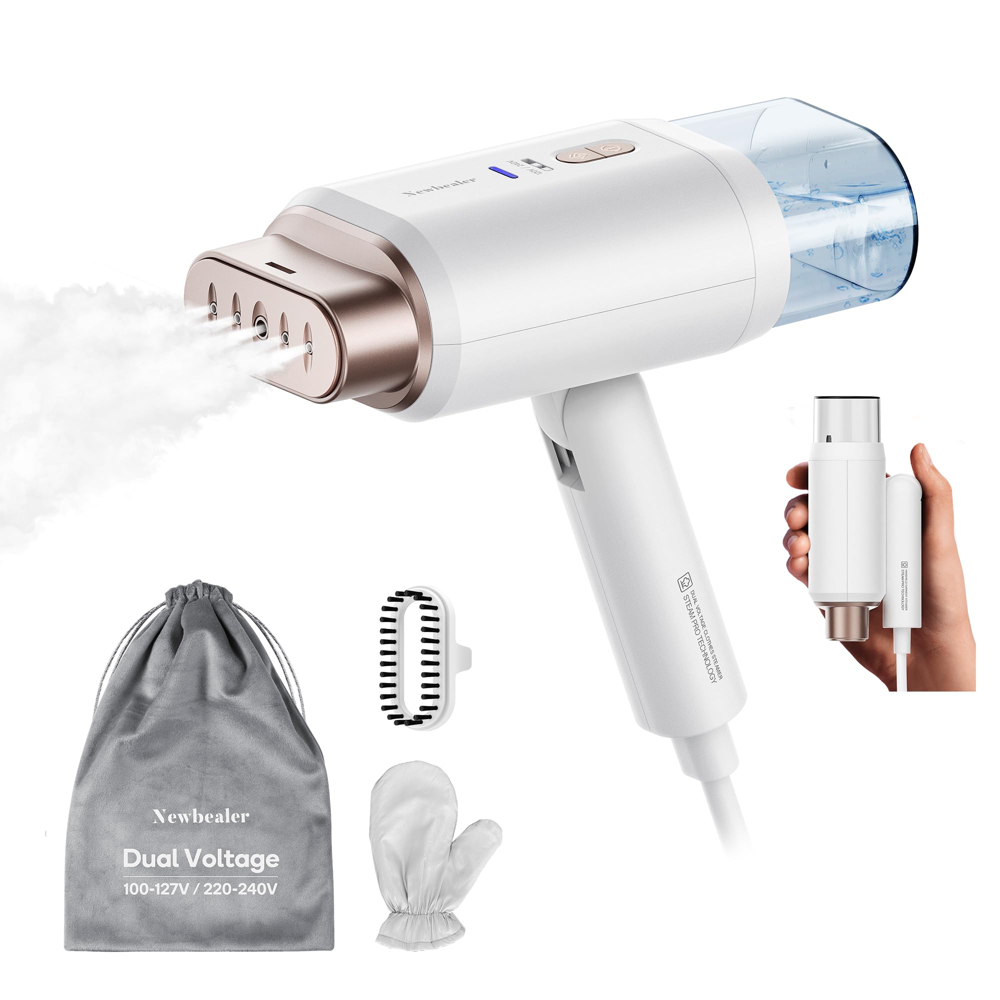 Newbealer Dual Voltage Travel Steamer - 120V/220V Handheld Steamer For Clothes, 1200W Horizontal & Vertical Steaming, 20S Heat-U