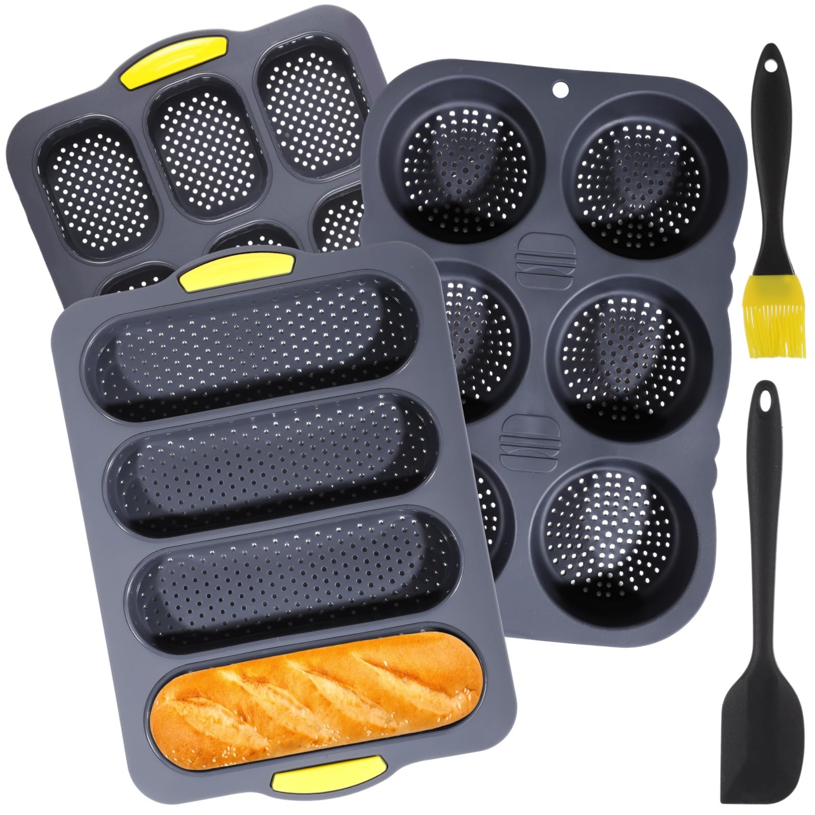OMISTAR Silicone Hamburger Bun Mold Set of 54 6 9 Cup Silicone Hamburger Bun and Baguette Pan with Scraper and Oil Brush,Nonsti