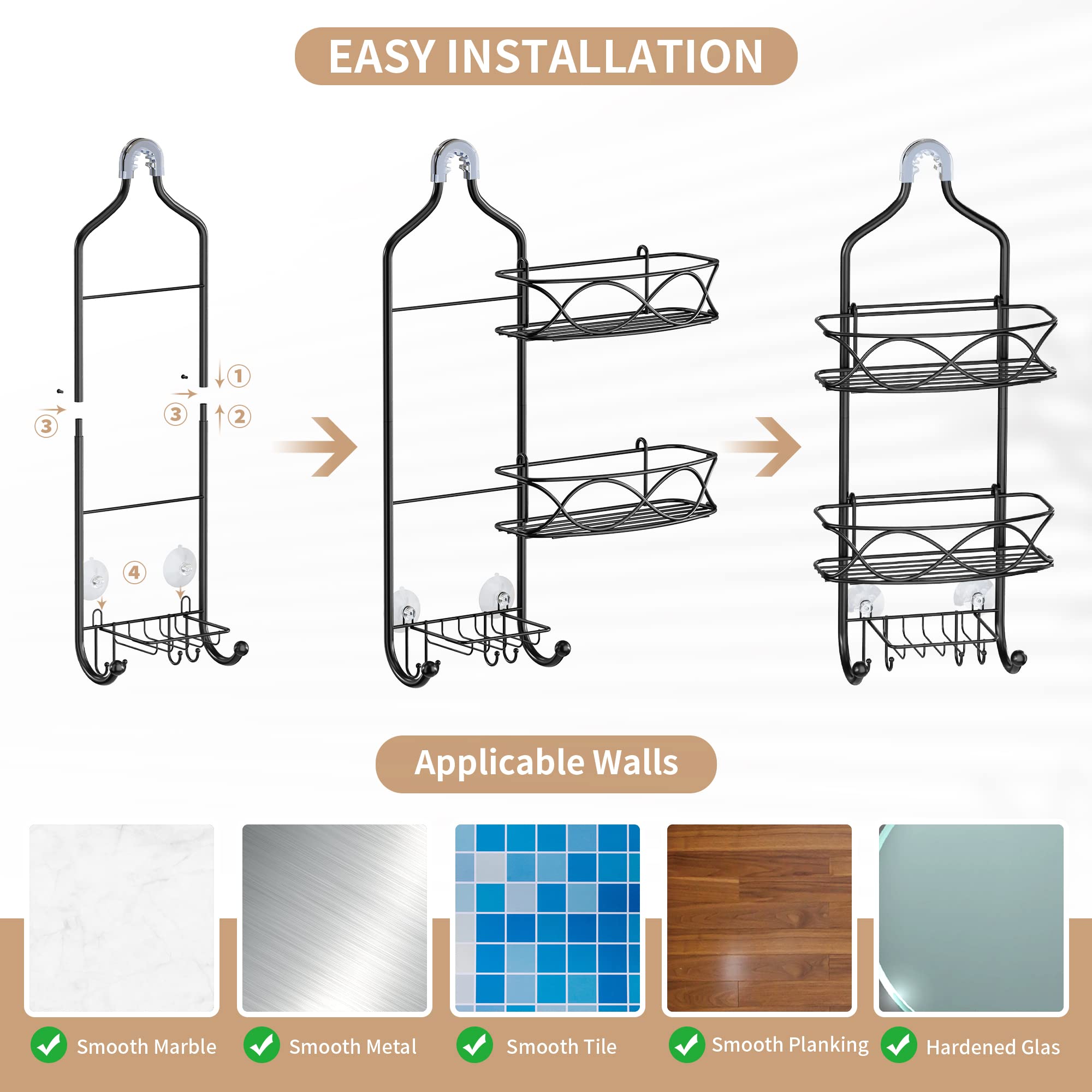 GAOKASE Hanging Shower Caddy Over Shower Head  Black Rust Proof Metal Large Bathroom Organizer for Shampoo  Conditioner  Body Wash  Soap  Razors  Shower Sponge  Loofahs and Bath Rack