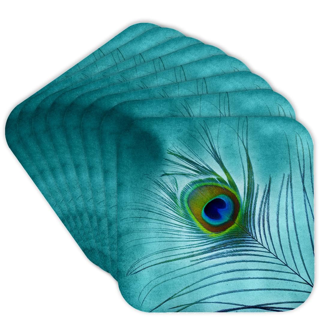 3dRose CST_211236_2 Peacock Feather on Turquoise Background Soft Coasters, (Set of 8)
