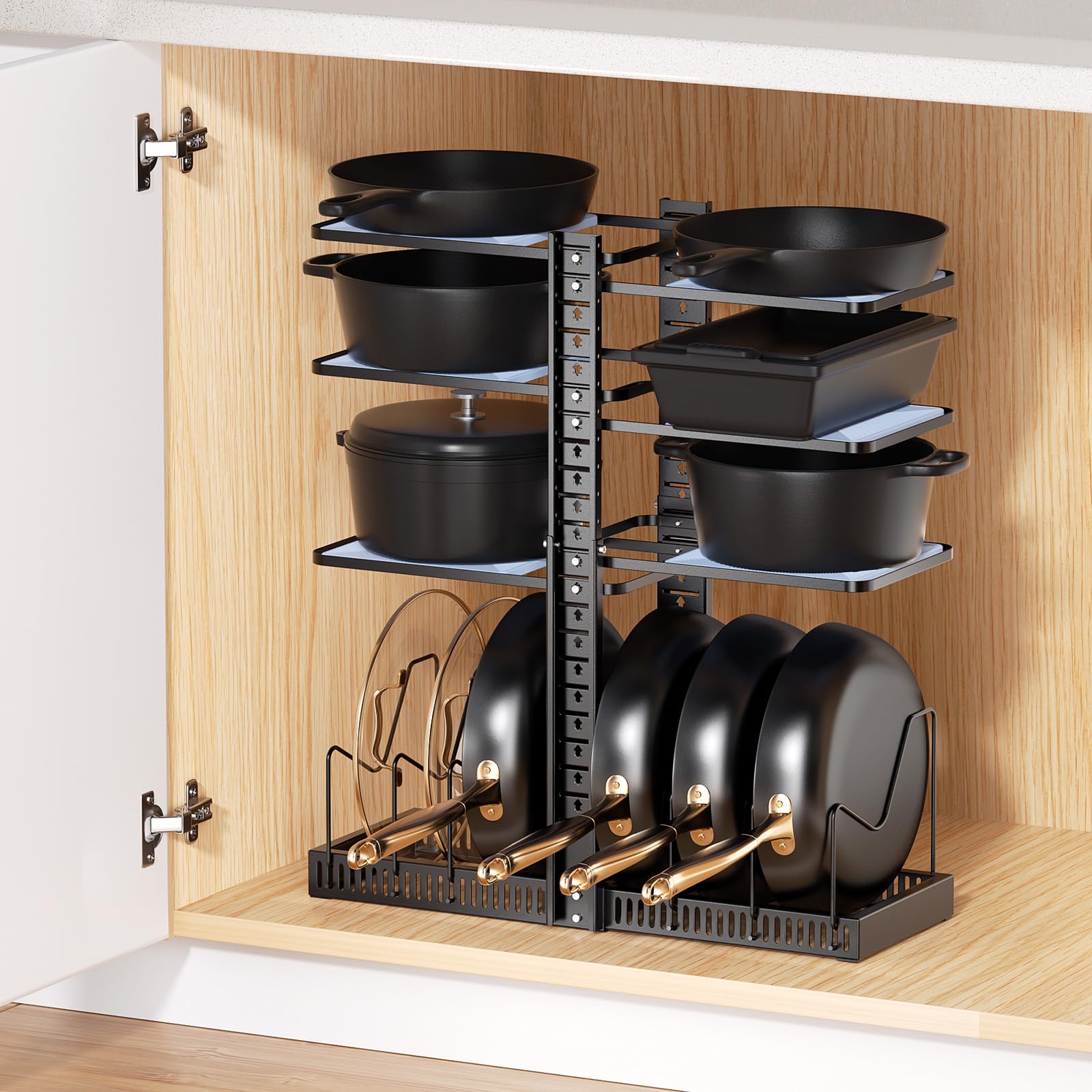 LAMU Pots and Pans Organizer under Cabinet, Adjustable Height Up to 24, 6 Tier Pot Organizer Rack with 6 Horizontal Dividers, 