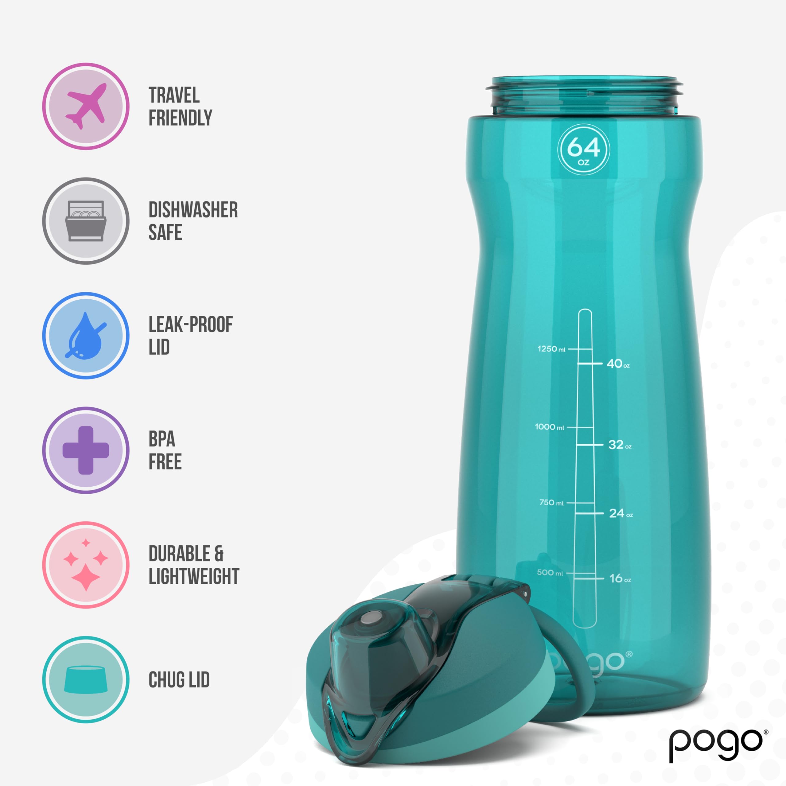 Pogo 64oz Plastic Water Bottle, Teal, Leak-Proof Chug Lid, BPA Free, Dishwasher Safe, Perfect for Travel and Gym