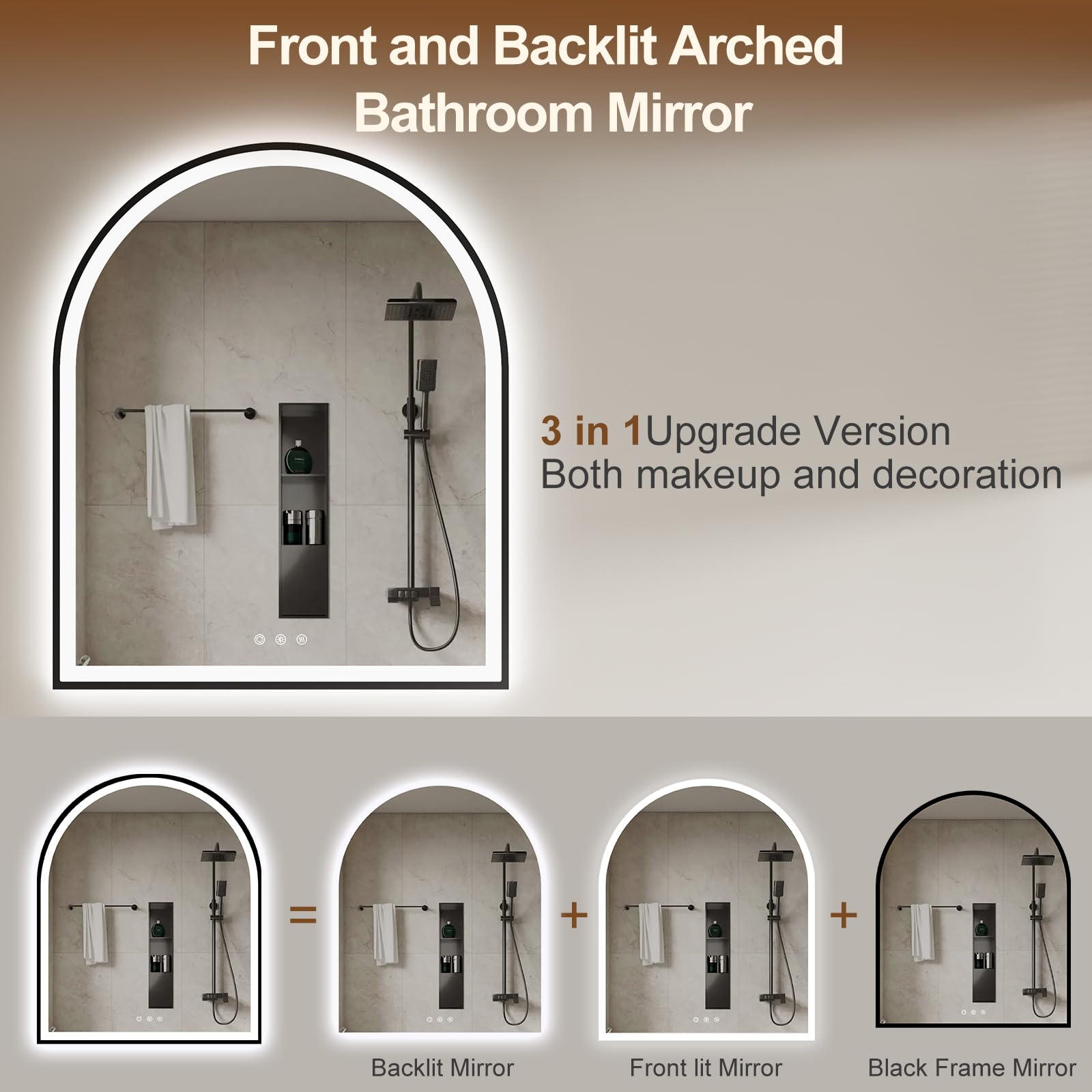 Oumusu Arched Led Mirror For Bathroom 30''X36'' With Front And Backlight, Black Bathroom Mirror With Lights-Anti-Fog, Dimmable-L
