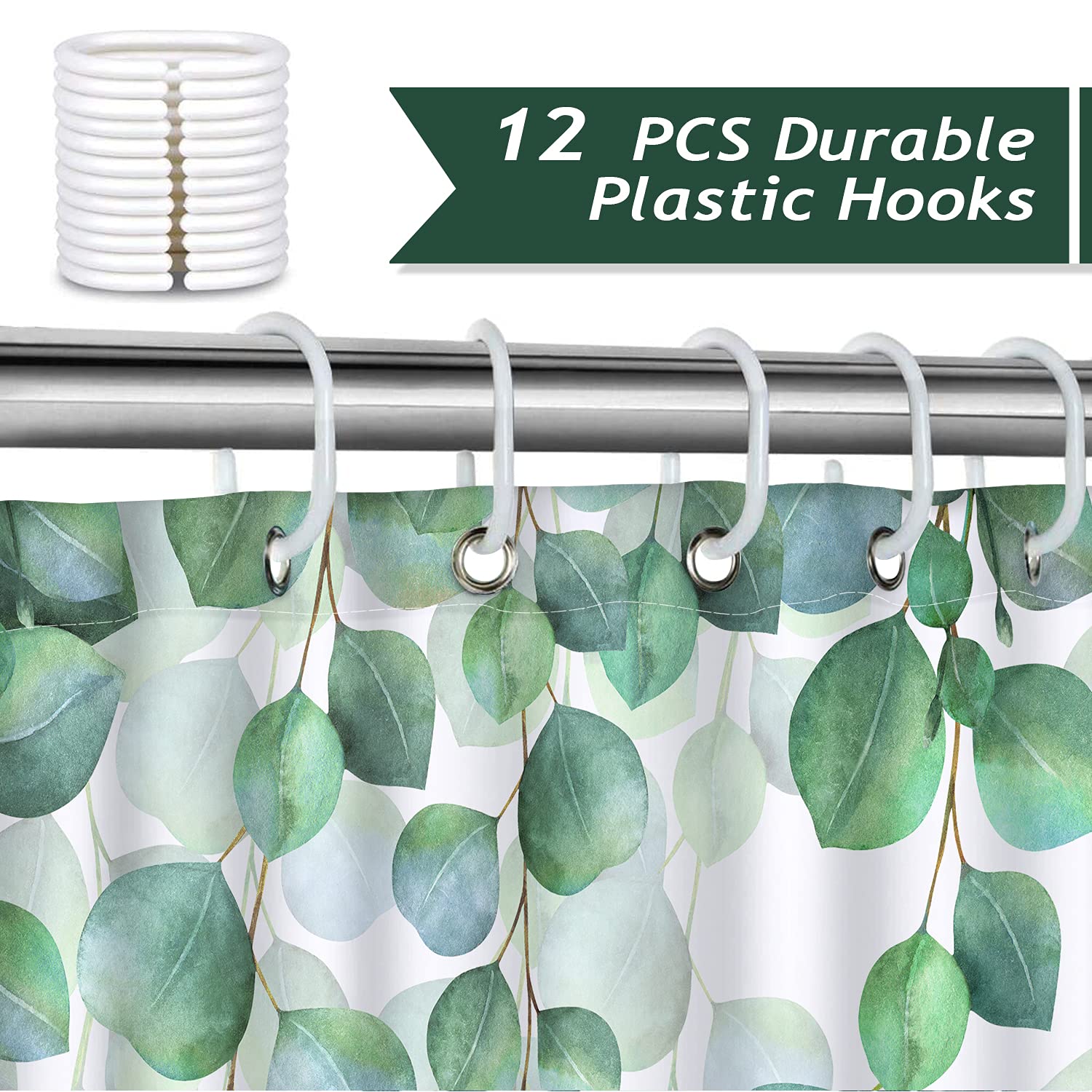 Bonhause Eucalyptus Leaves Shower Curtain for Bathroom Green Leaf Plant Decorative Bath Curtain 72 x 72 Inch Polyester Fabric Waterproof Bathroom Curtain with 12 Hooks