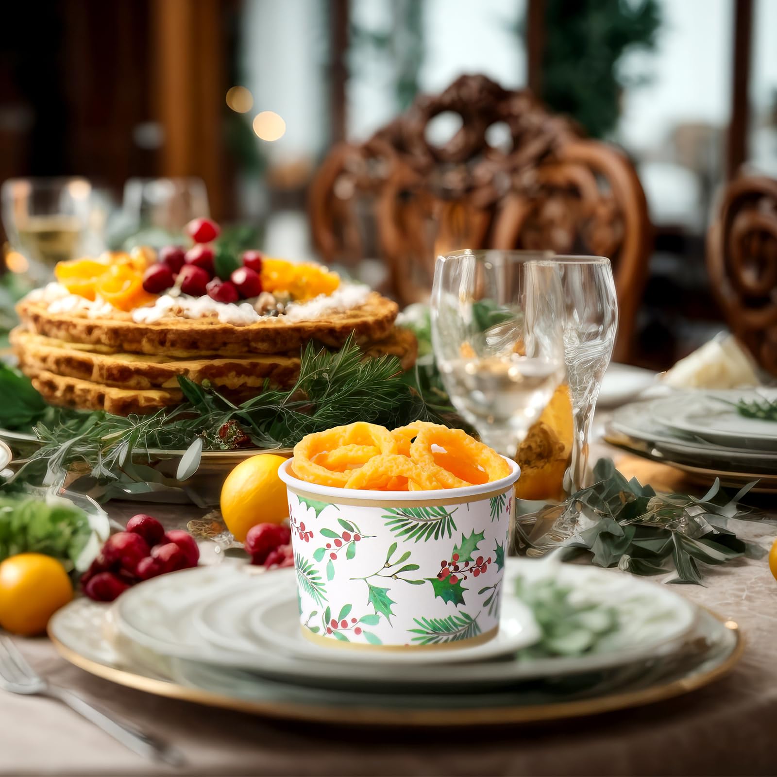 Sabary 60 Pcs 9 oz Christmas Paper Bowls Disposable Thanksgiving Snack Dessert Paper Cup Green Holly Leaf Cups Christmas Holiday