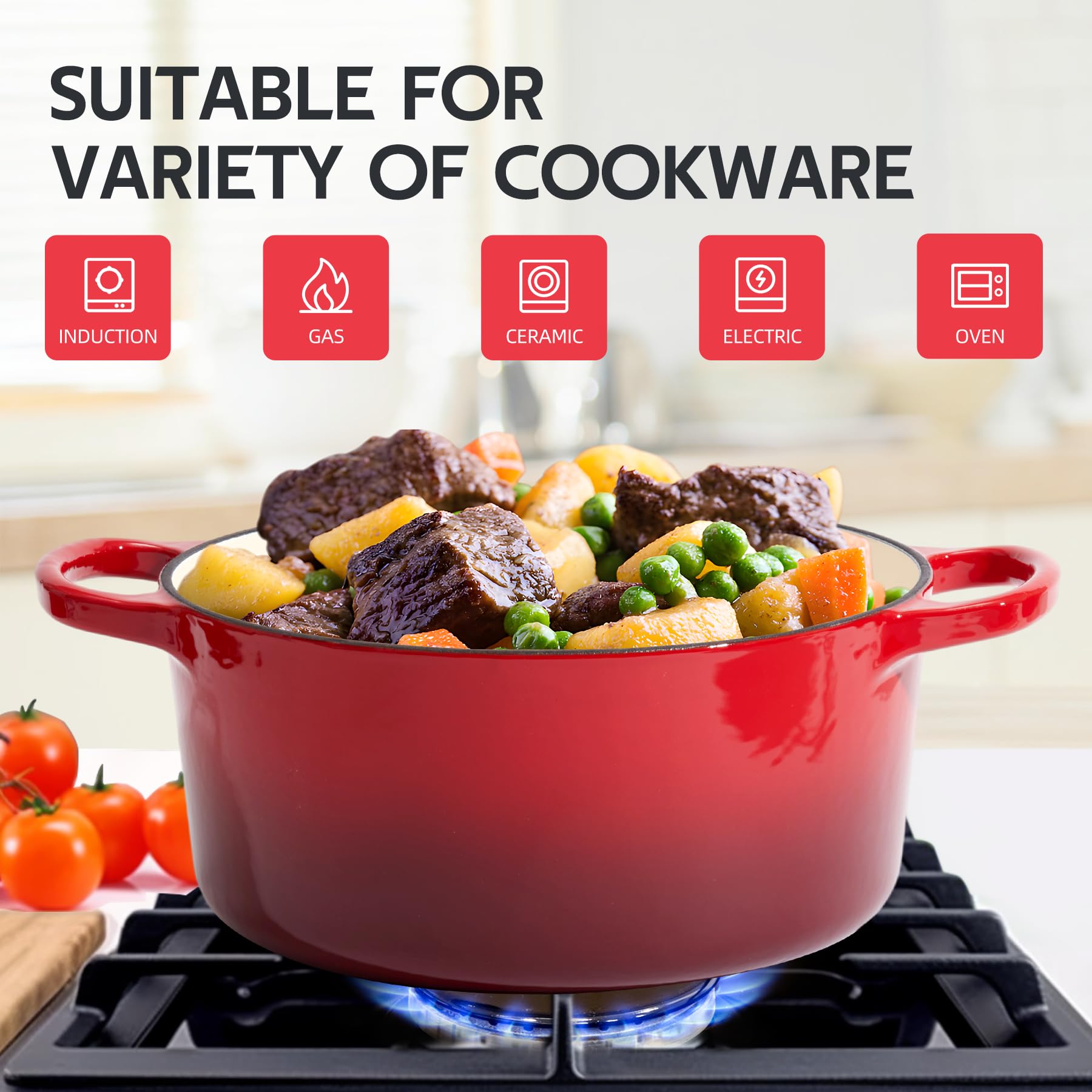 6 Quart Enameled Cast Iron Dutch Oven With Lid - Big Dual Handles - Oven Safe Up To 500F - Classic Round Pot For Versatile Cooki