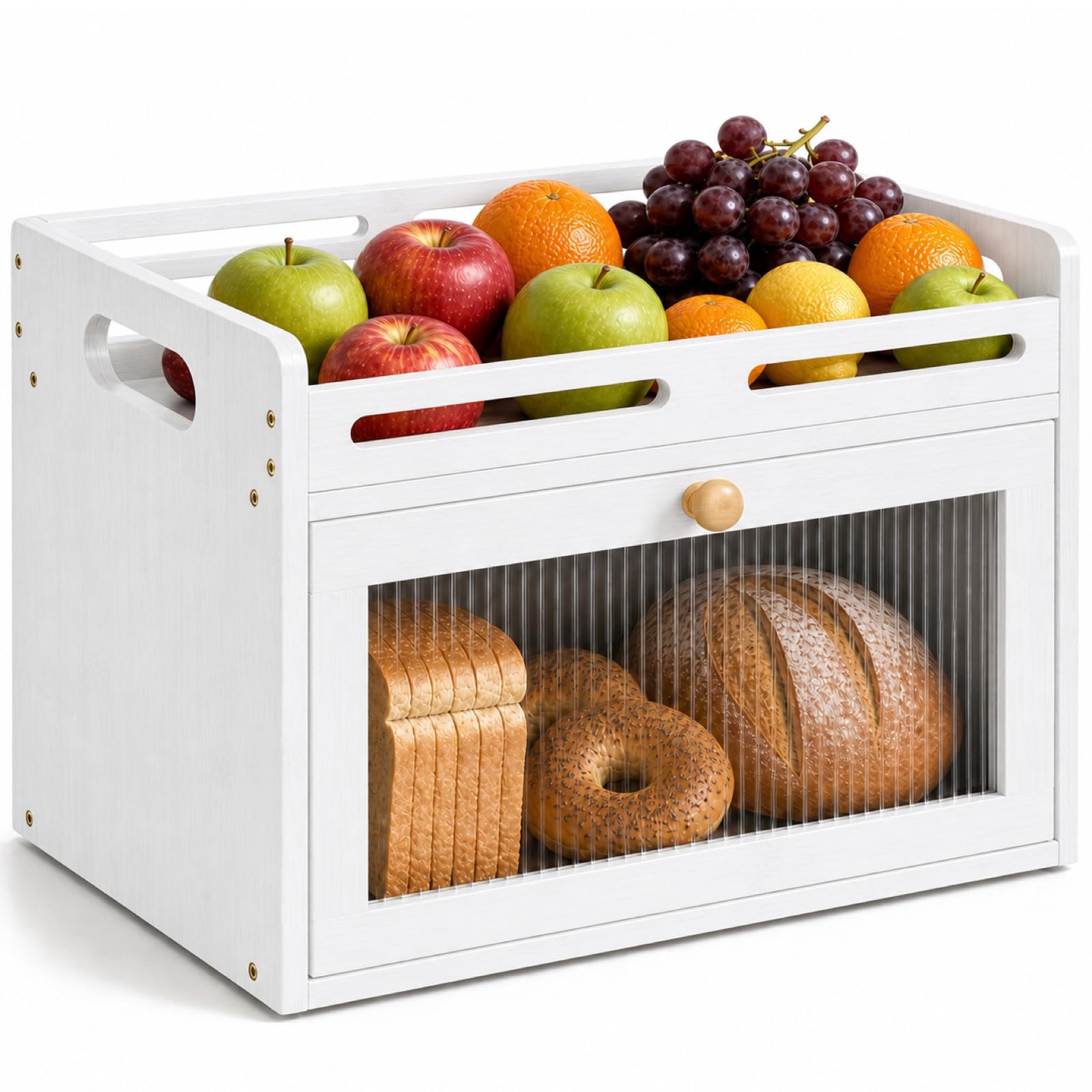 Bread Box for Kitchen Countertop, Bamboo Storage with Top Shelf, White