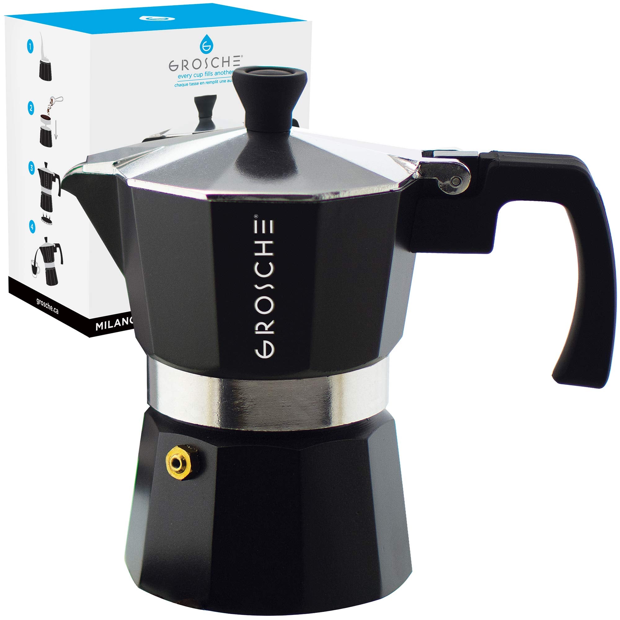 Grosche Milano Stovetop Espresso Maker Moka Pot 3 Espresso Cup - 5 Oz, Black - Cuban Coffee Maker Stove Top Coffee Maker Moka It