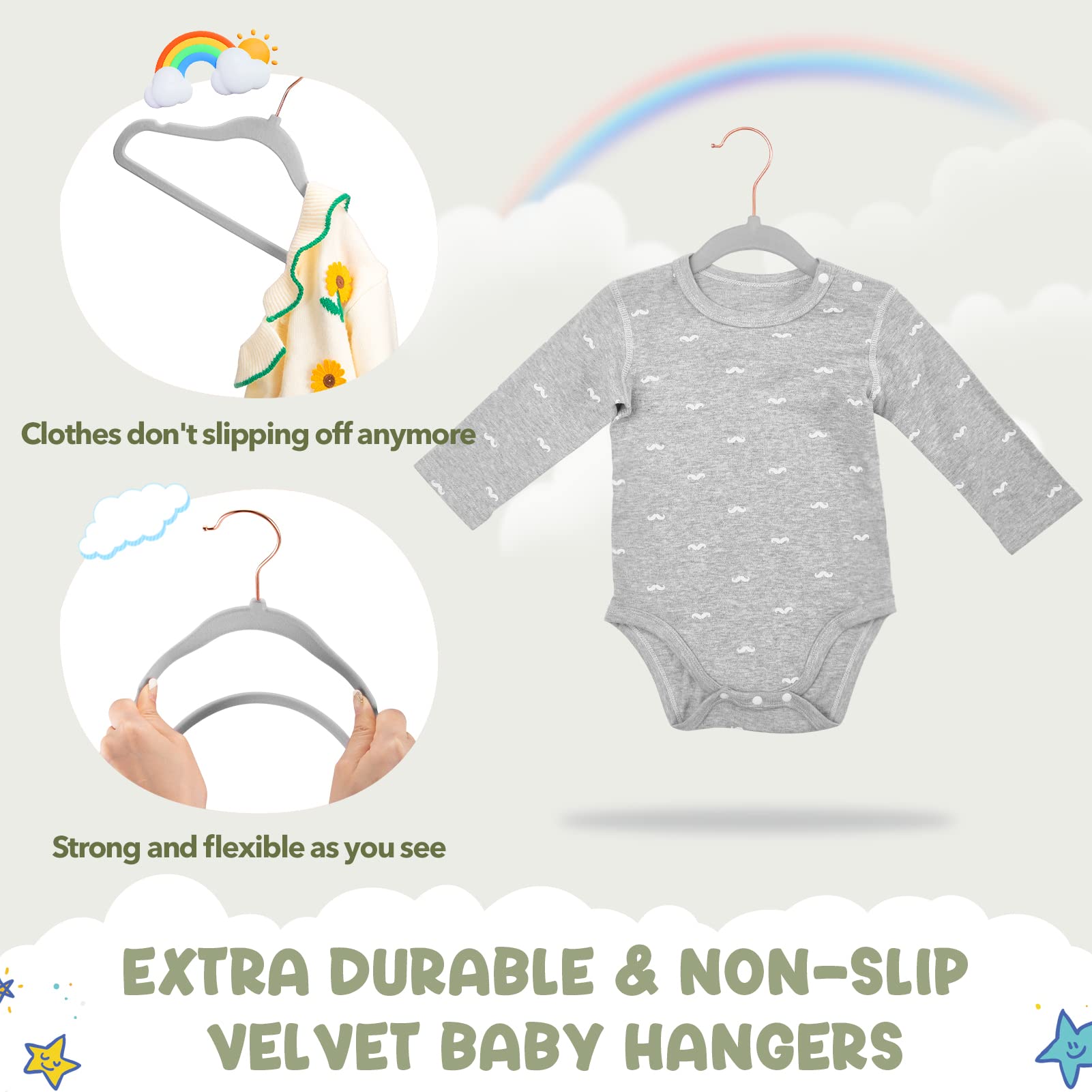 HOUSE DAY Velvet Baby Hangers for Closet  Kids Hangers Velvet 60 Pack  Non Slip Toddler Hangers 11.8 Inch  Cute Baby Clothes Hangers  Durable Childrens Hangers Newborn Hangers for Baby Clothes- Gray