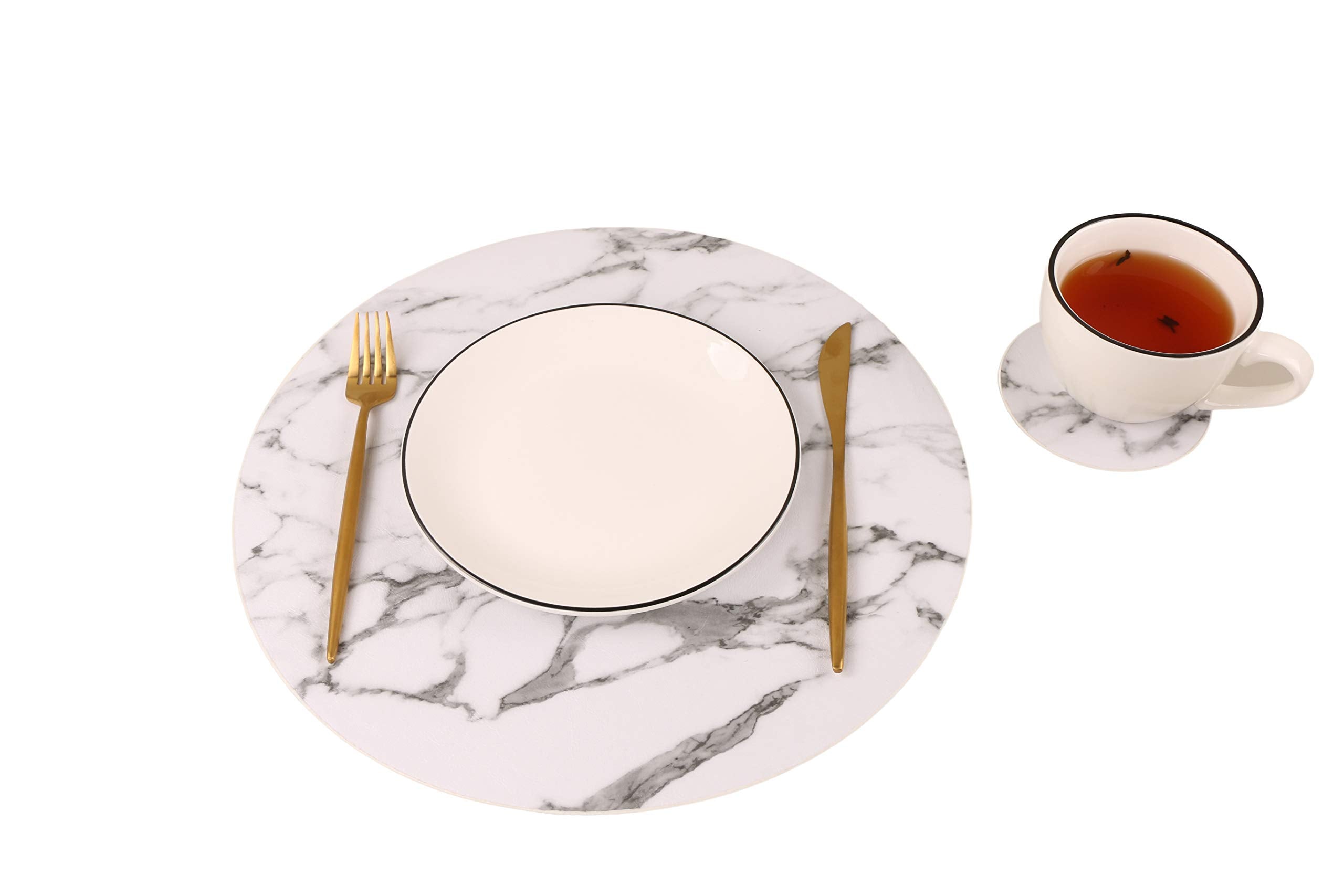 Set Of 8 Marble Round Placemats And Coasters, Faux Leather Waterproof Table Mats, Easy To Wipe Off For Kitchen Dining Round Tabl