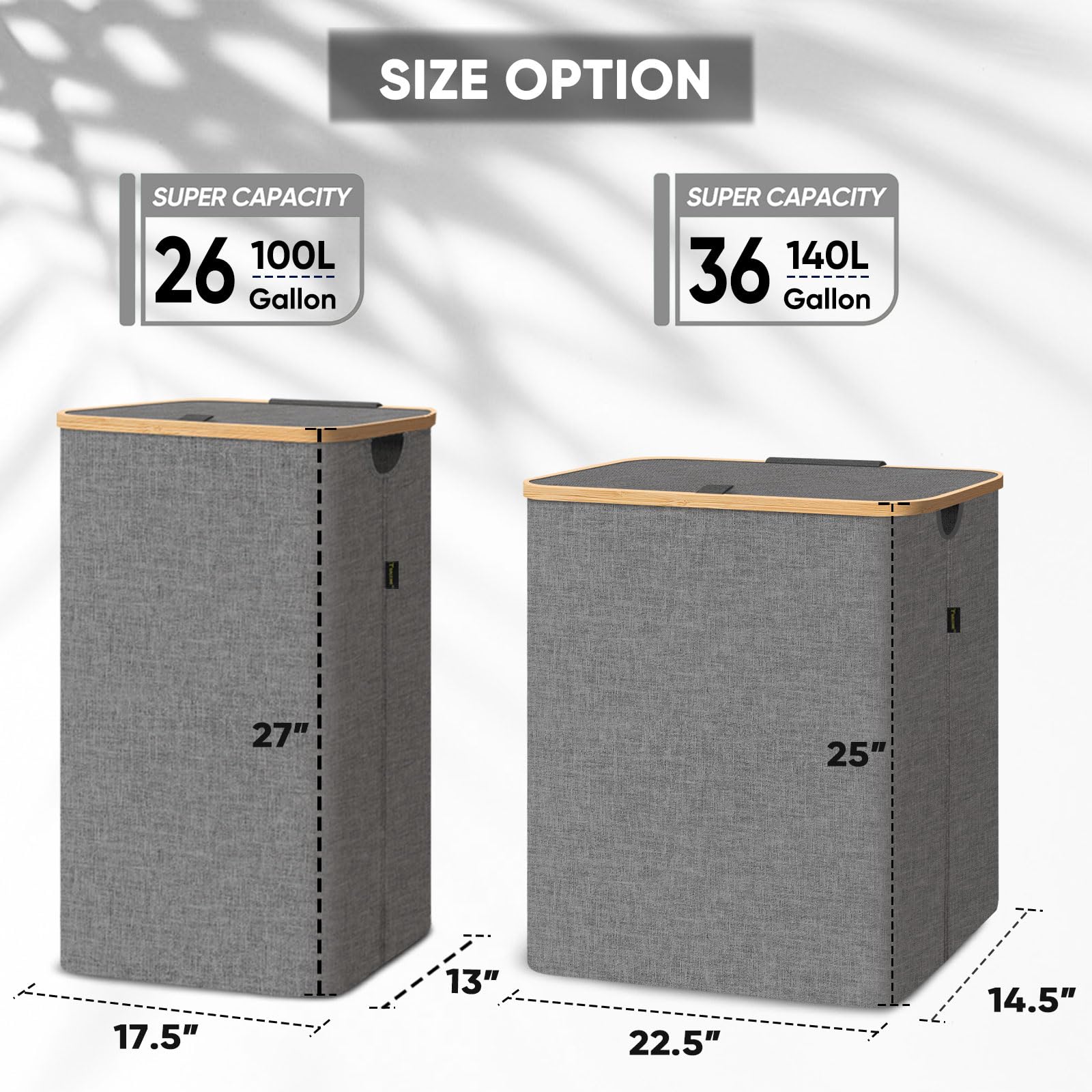 Baleine Laundry Hamper With Lid, Tall Laundry Baskets With Bamboo Pull Handles, Large Laundry Bin With Internal Support (26 Gal/