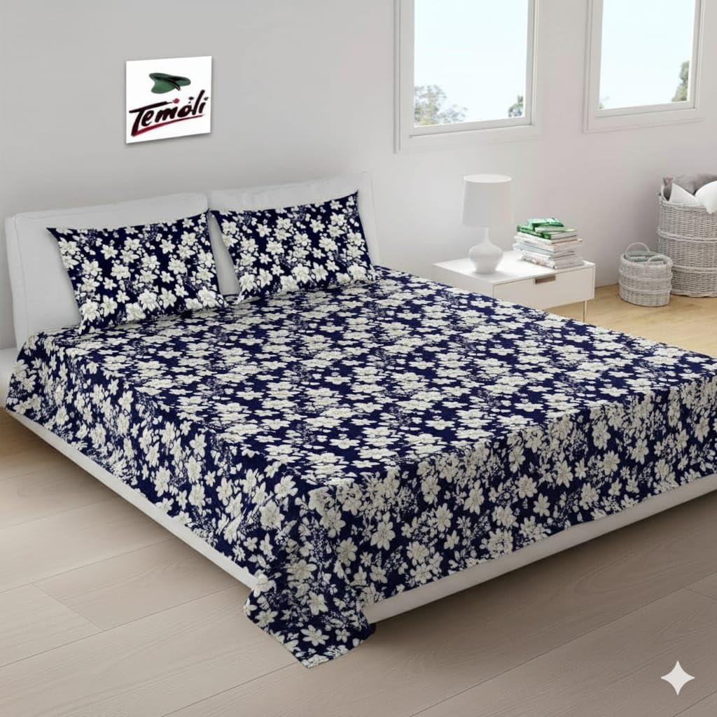 Temoli King Size Flat Bedsheet - Warm Flannel Velvet Double Bedsheet For Winter (90X100 Inch) With 2 Pillow Covers | Flower & Bl
