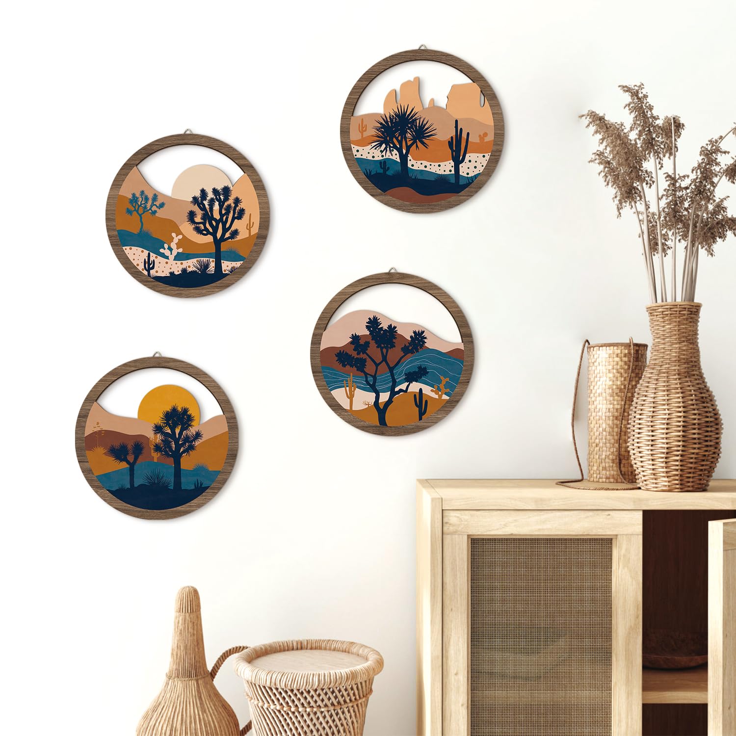 HPNIUB 4 Pcs Boho Scenery Wall Art Decor, Farmhouse Geometric Abstract Trees Desert Cactus Hanging Wood Sign for Living Room, Ae