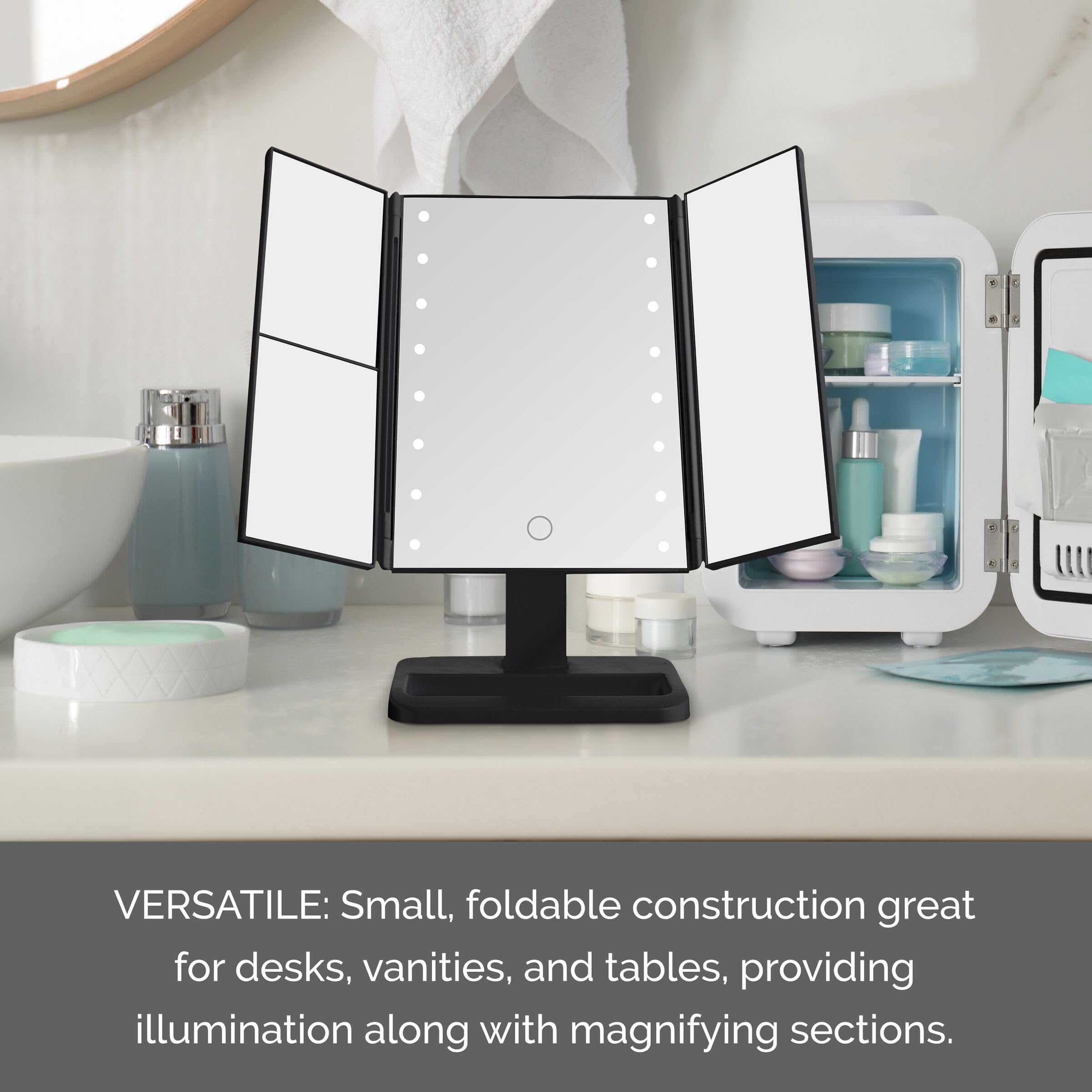 Melannco Black Tri Fold Led Vanity Mirror, 3 Magnifications And Dimmable Led Lights, Lighted Makeup Mirror, Touch Control