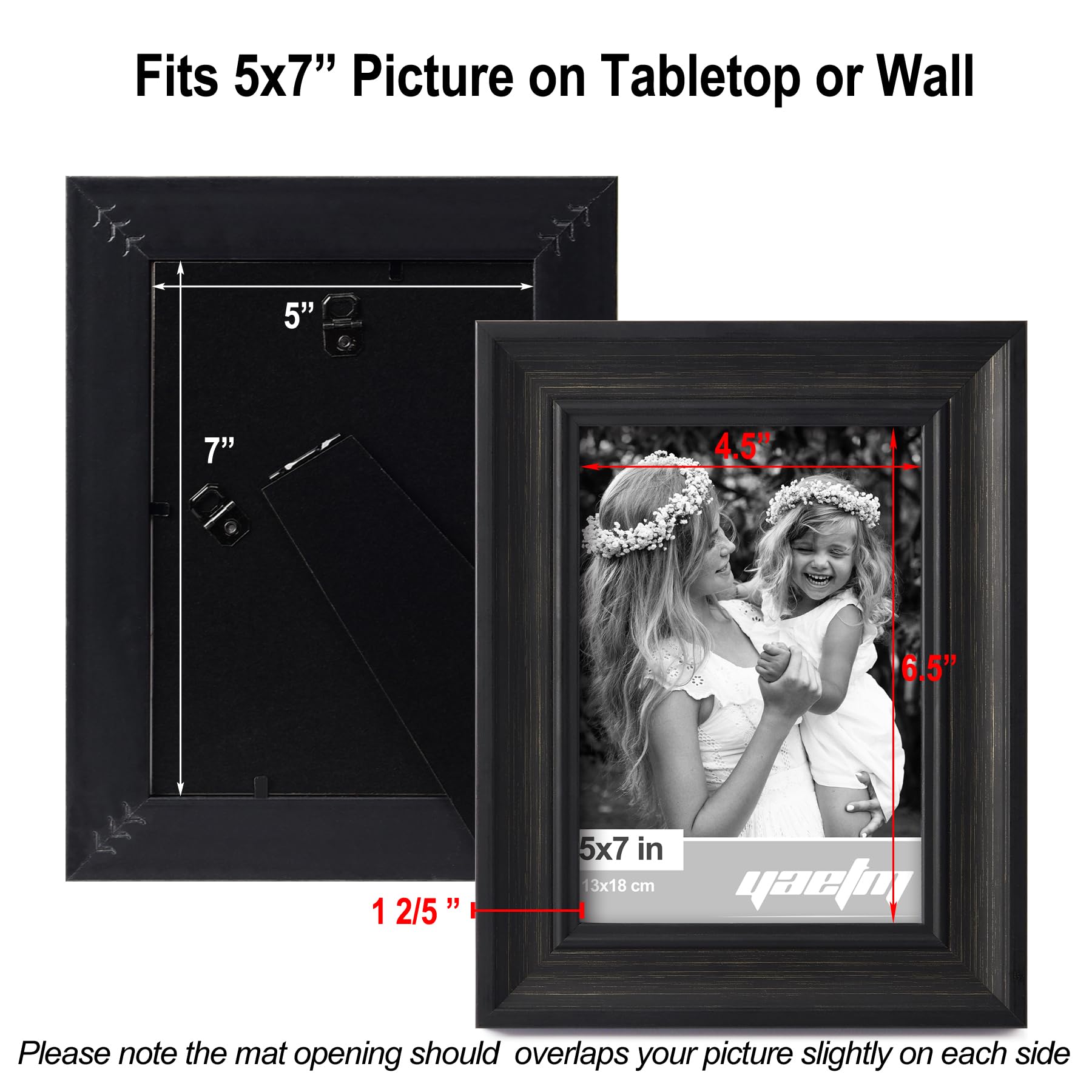 Yaetm Black 5x7 Picture Frame Set of 4, 1.4    Wide Molding & Distressed Black Photo Frames 5 x 7 with HD Tempered Glass, Displa