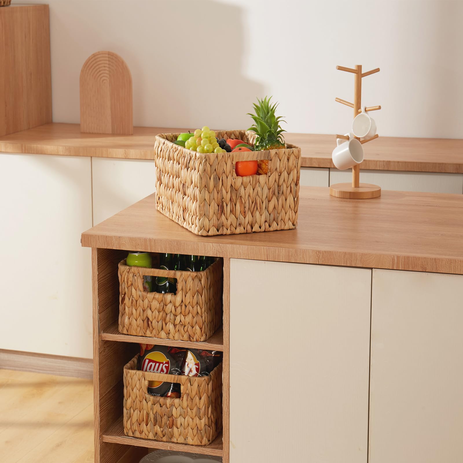 Elong Home Wicker Storage Basket, 3 Pack Hand-Knitted Wicker Baskets, Water Hyacinth Storage Baskets With Built-In Handles