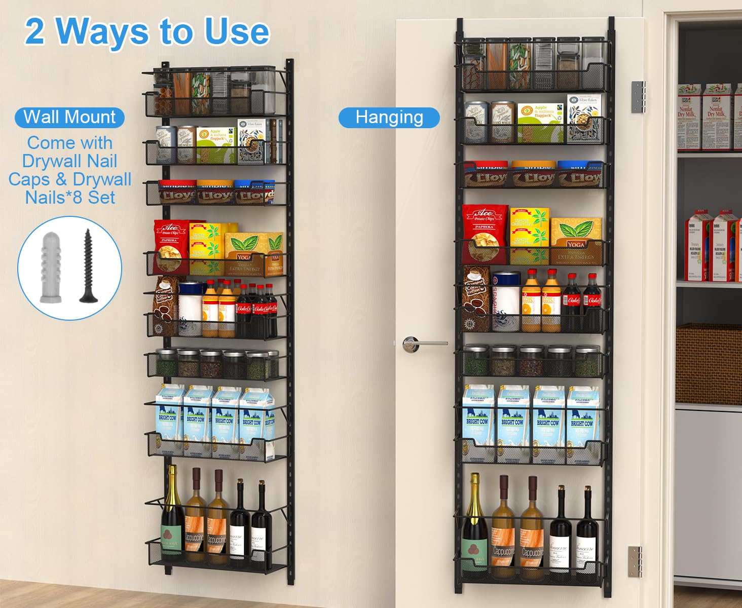 VyGrow Over the Door Pantry Organizer, 8-Tier Over the Door Organizer with Adjustable Basket, Pantry Door Organization for Pantr