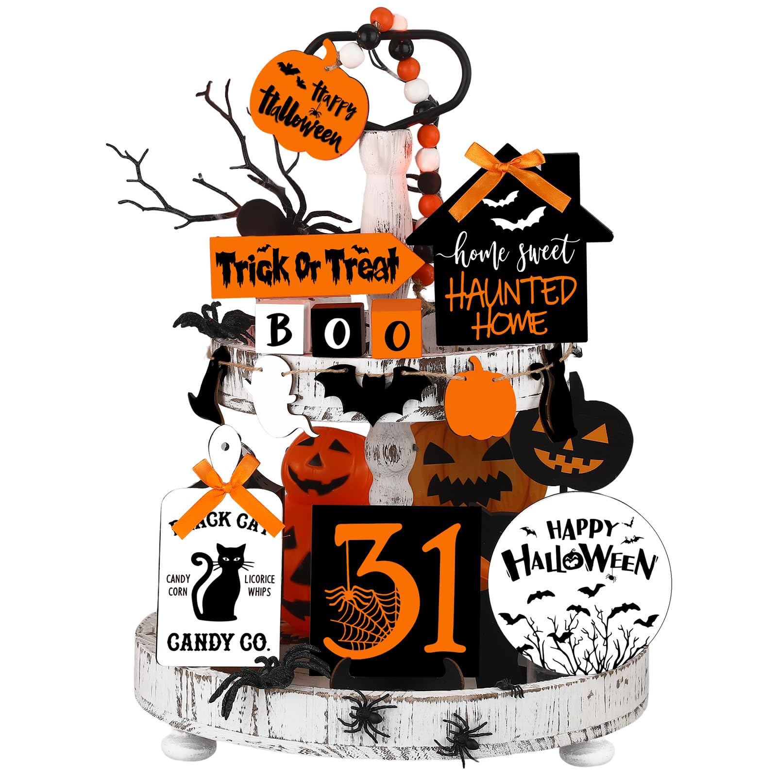 Umigy 15 Pcs Halloween Tiered Tray Decor Set Cute Ghost Tray Decorations Boo Halloween Wooden Signs Farmhouse Rustic Decoration 