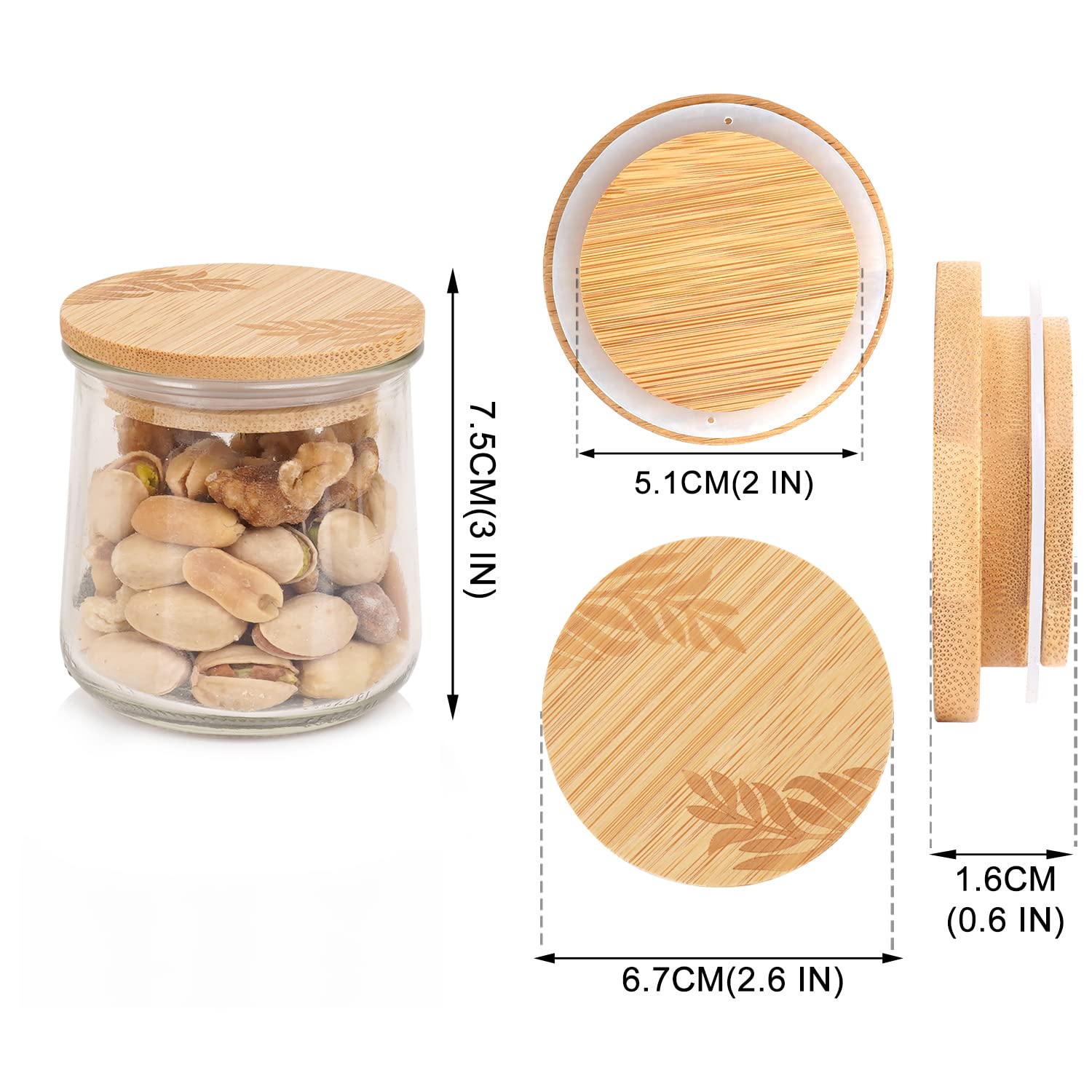 Mason Life Bamboo Jar Lids Set - 4Pcs Silicone Sealing Rings, Leaf Pattern for 5 Oz Yogurt Jars, Model QUI-Lid