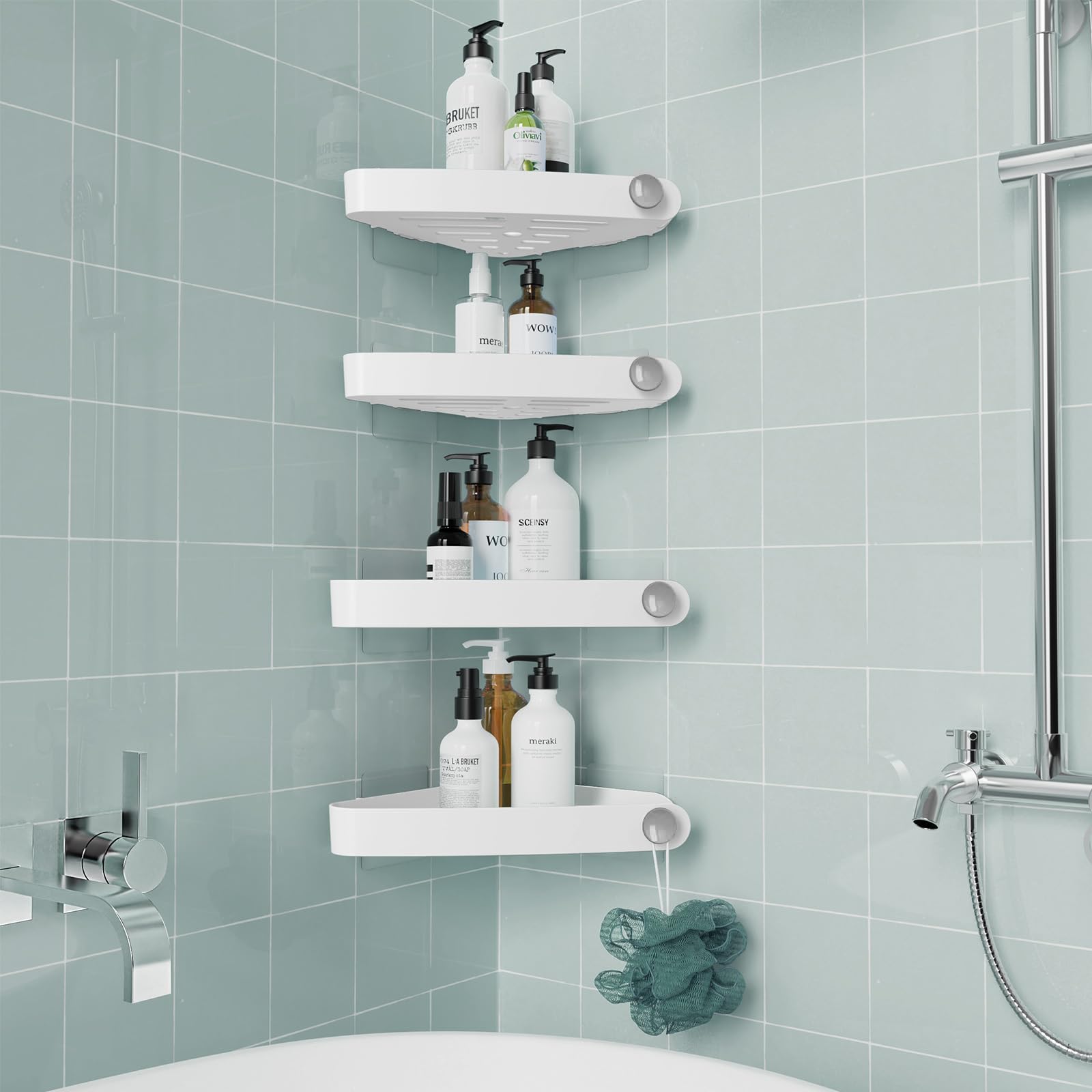 Shower Shelf corner  Bathroom Shower Storage with Adhesive Shower Shelves for Inside Shower  Shampoo Holder for Shower Wall  Plastic corner Shower caddy  4 Pack  White