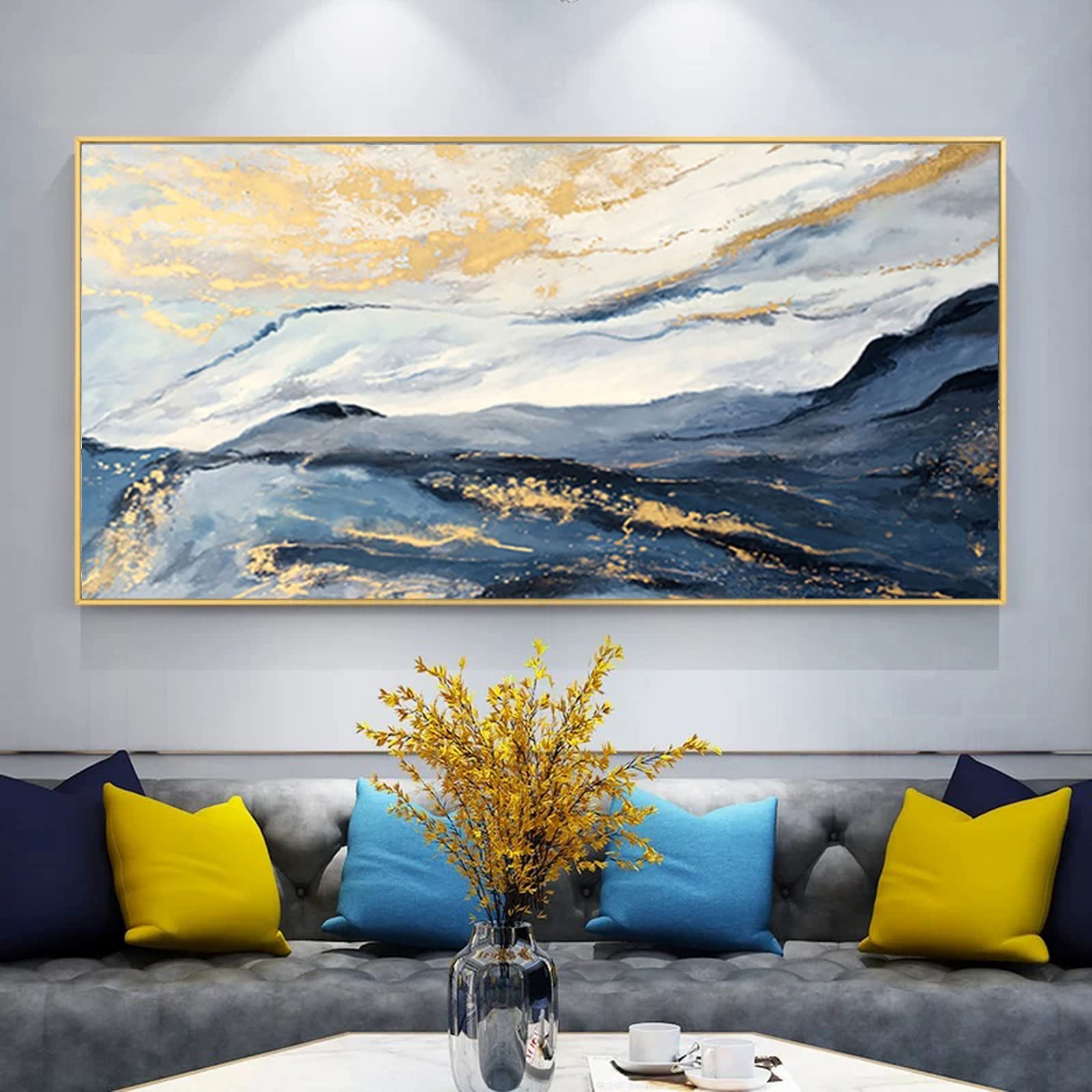 Blue And Gold Abstract Canvas Art Wall For Living Room-Framed Blue Mountain Oil Painting For Bedroom -Modern Landscape Wall Deco