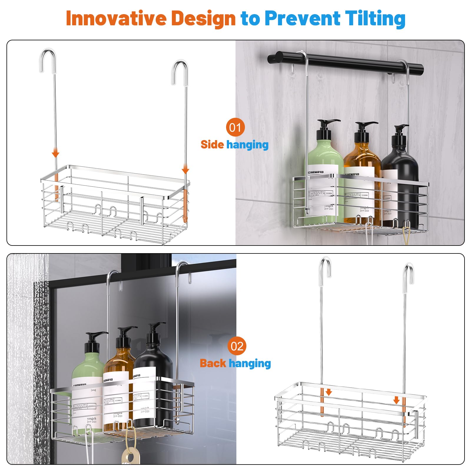Yuoros Shower Caddy Hanging, Over The Door Shower Organizer Rack 304 Stainless Steel Rustproof (Silver)