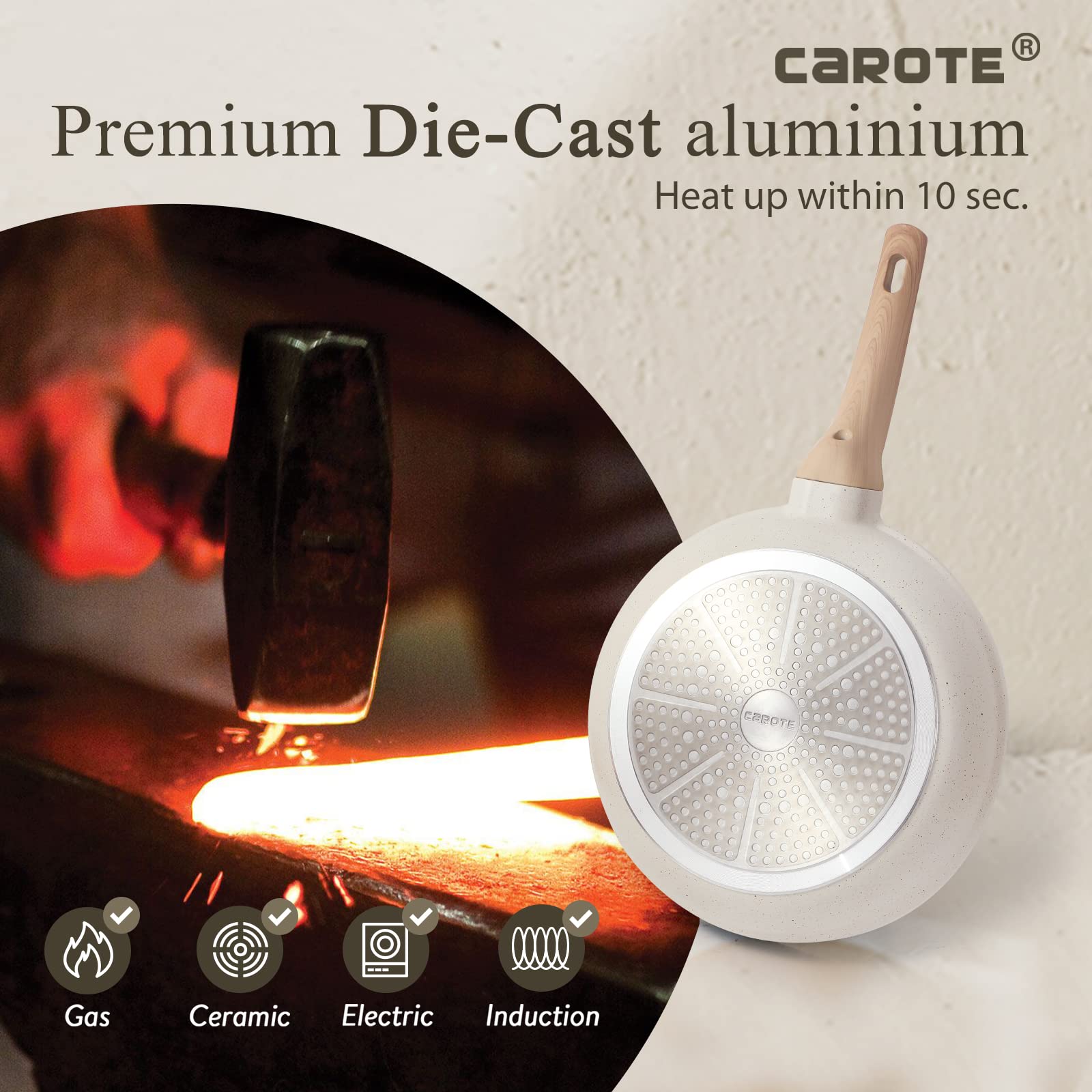 Carote White Nonstick Frying Pan Skillet,10'' Non Stick Granite Fry Pan With Glass Lid, Egg Pan Omelet Pans, Stone Cookware Chef