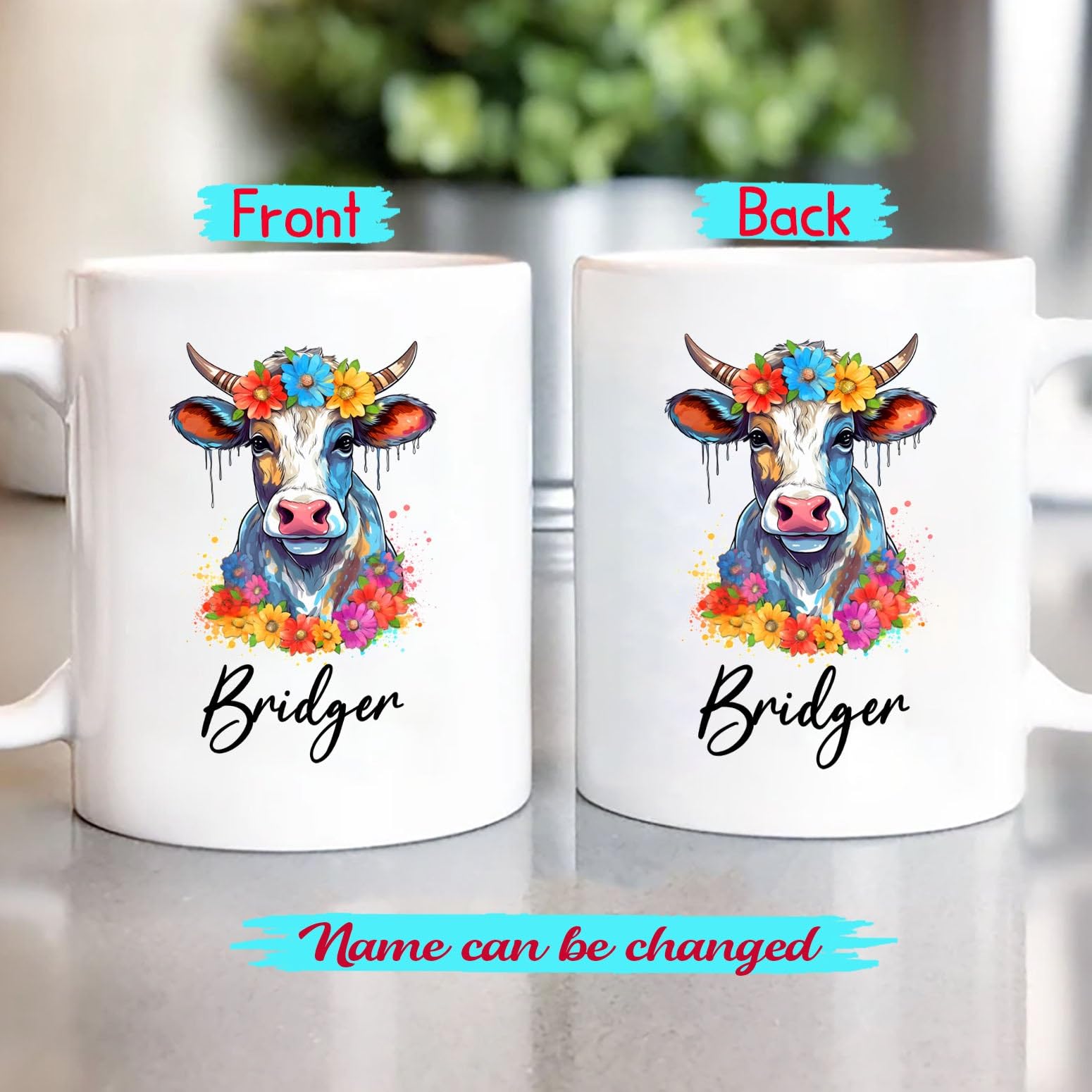 Customized Name Cow White Ceramic Mug 11 Oz 15 Oz, Personalized Cow Coffee Mug Cup Gift For Girlfriend Women Cow Animal Lover, U