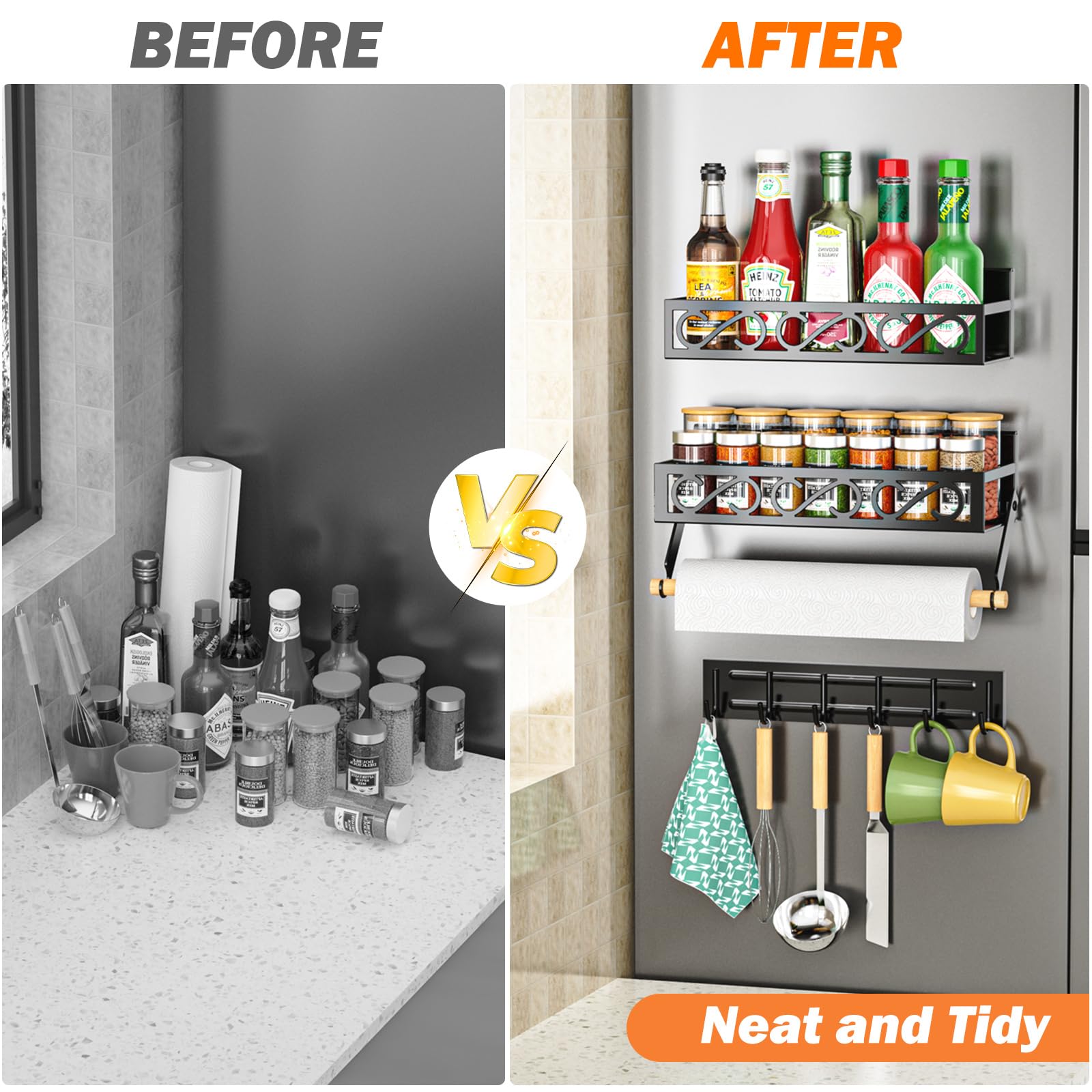 Bunoxea Spice Racks Magnetic For Refrigerator, Magnetic Spice Shelves With Paper Holder, Moveable 6 Hook Rack, Magnetic Fridge O