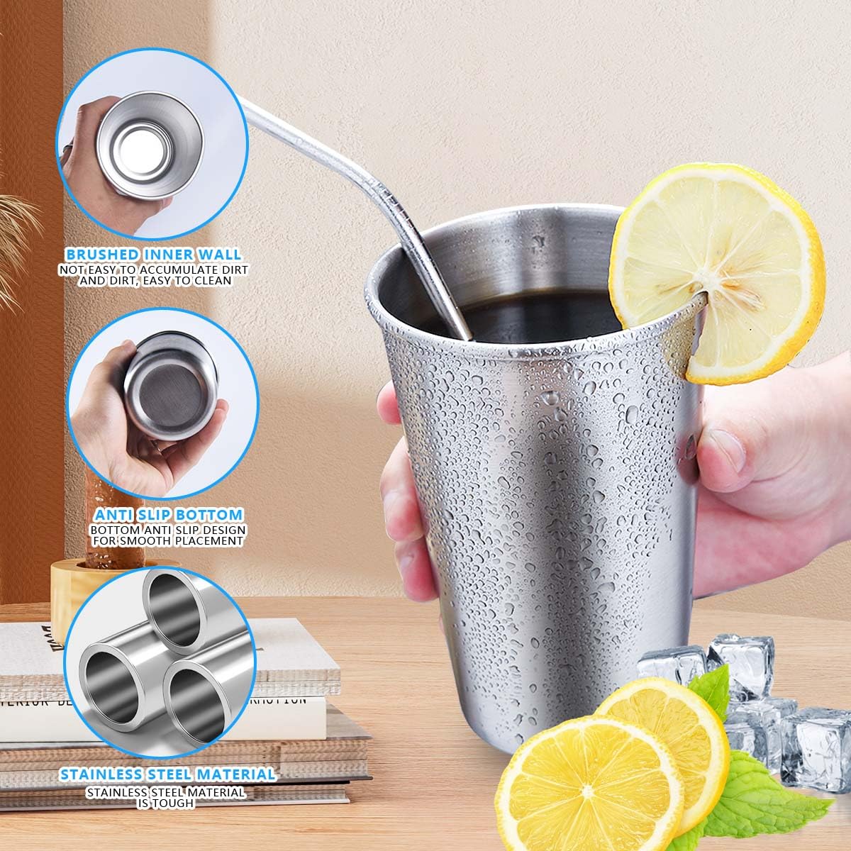 Kiseer 5 Pack 16 Ounce Stainless Steel Pint Cups Shatterproof Cup Tumblers Unbreakable Metal Drinking Glasses For Bar, Home, Res