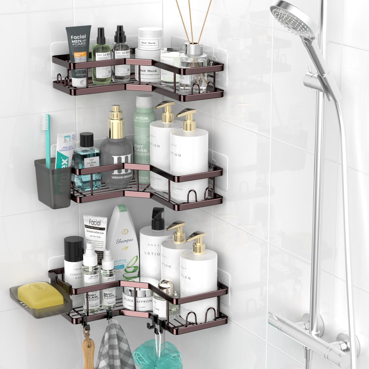 AKTECKE Corner Shower Caddy Organizer Shelf: Adhesive No Drilling Shower Rack Bathtub Shelves - 3Pack Rustproof Bathroom Shower Shelf For Inside Shower