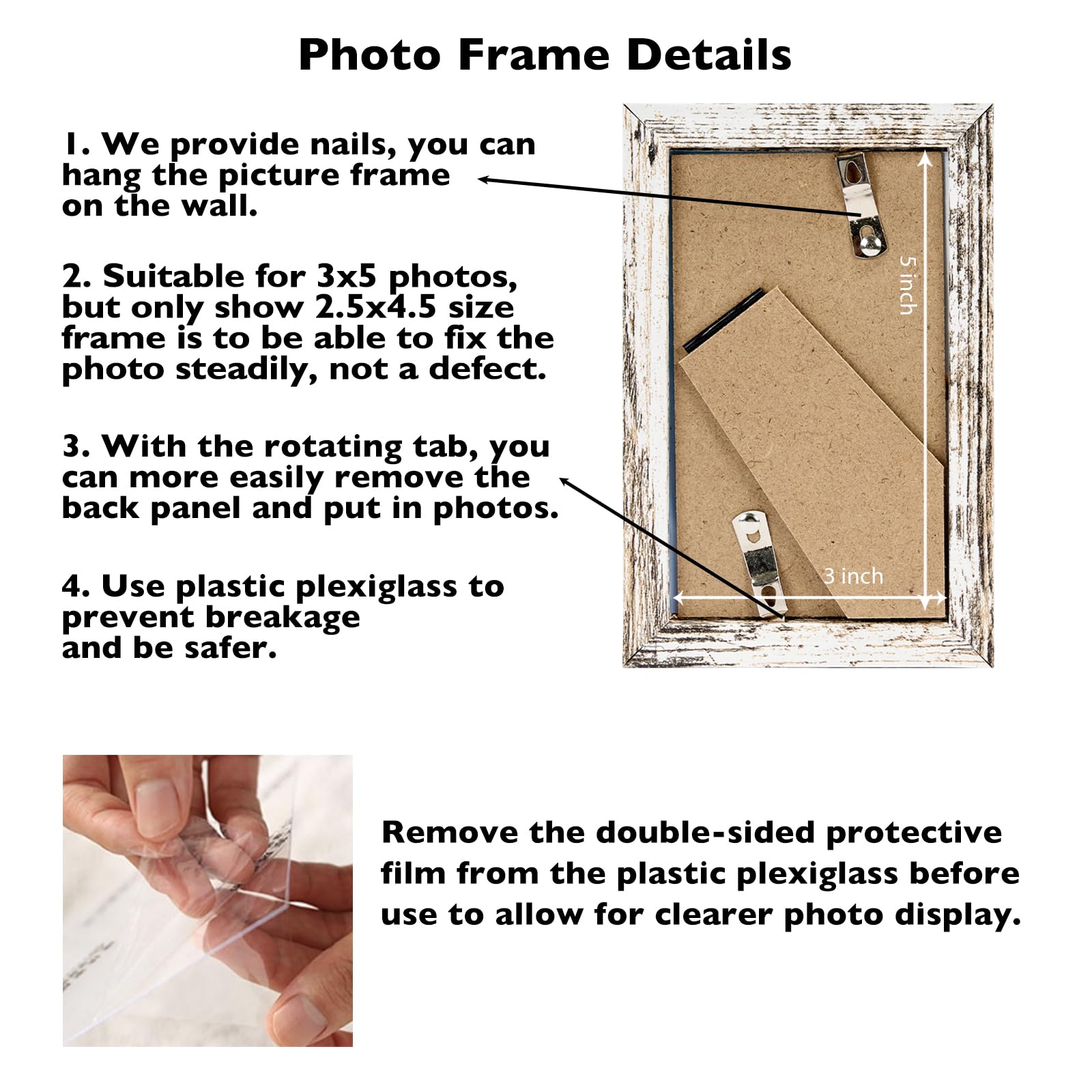 JCJMY 3x5 Picture Frame for Tabletop, 3 x 5 Photo Frame with Shatter Resistant Plexiglass, Sturdy 3 by 5 Poster Frame, Rustic Wh