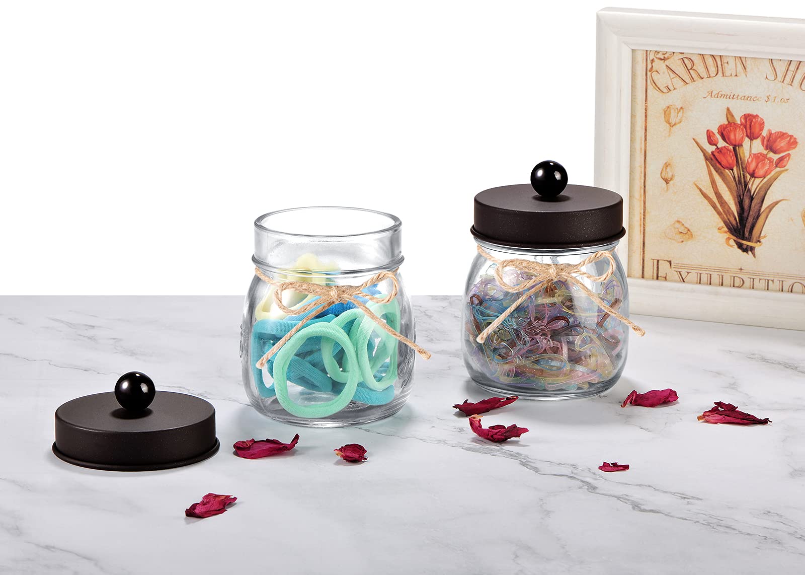 6 Pack Apothecary Jars Set Mason Jar Decor Bathroom Vanity Storage Organizer Canister Glass Qtip Holder Dispenser for Qtips Cotton Swabs Ball bathoom Accessories - Stainless Steel Lid (Bronze)
