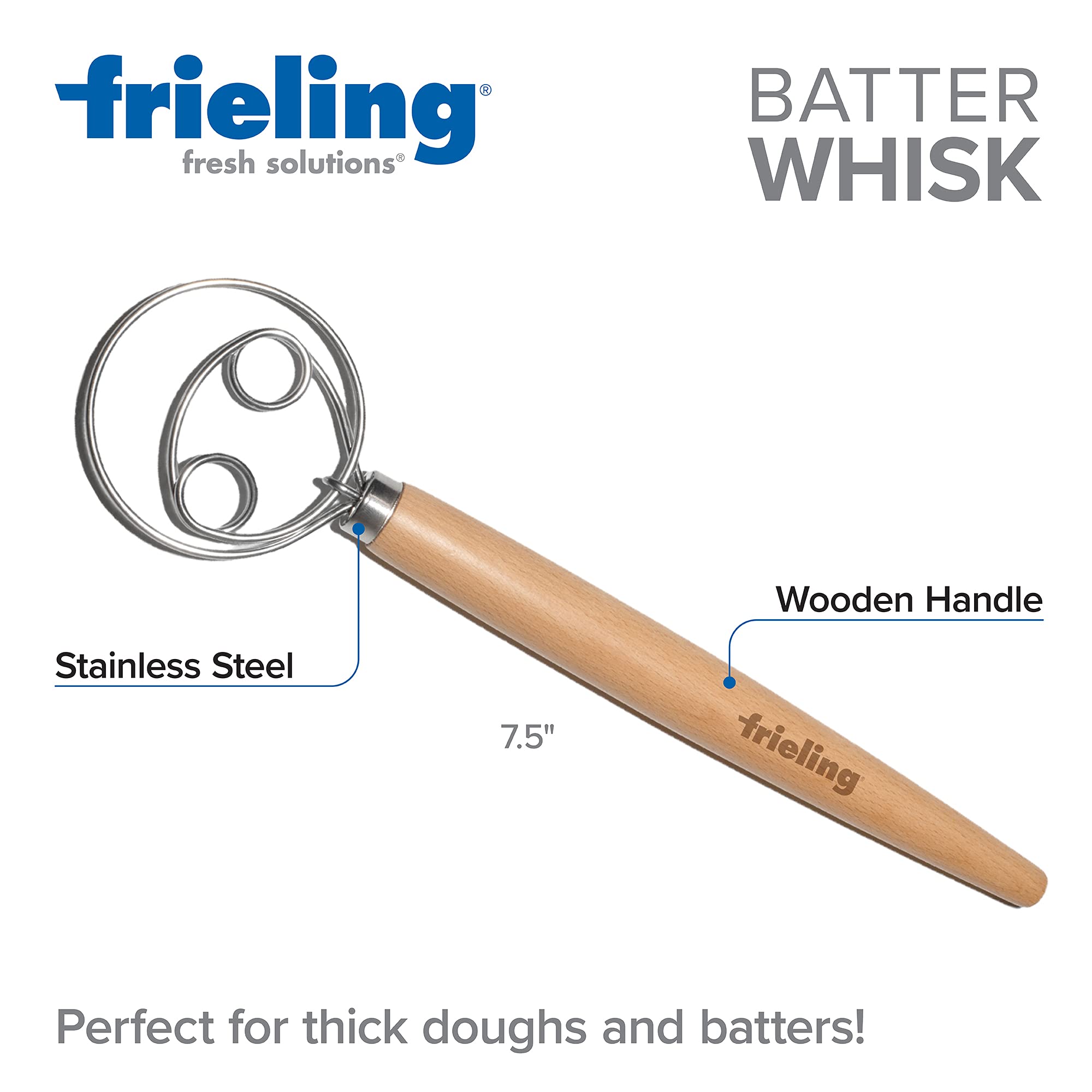 Frieling Wood And Stainless Batter Whisk For Mixing Dough, 13-Inch, Natural