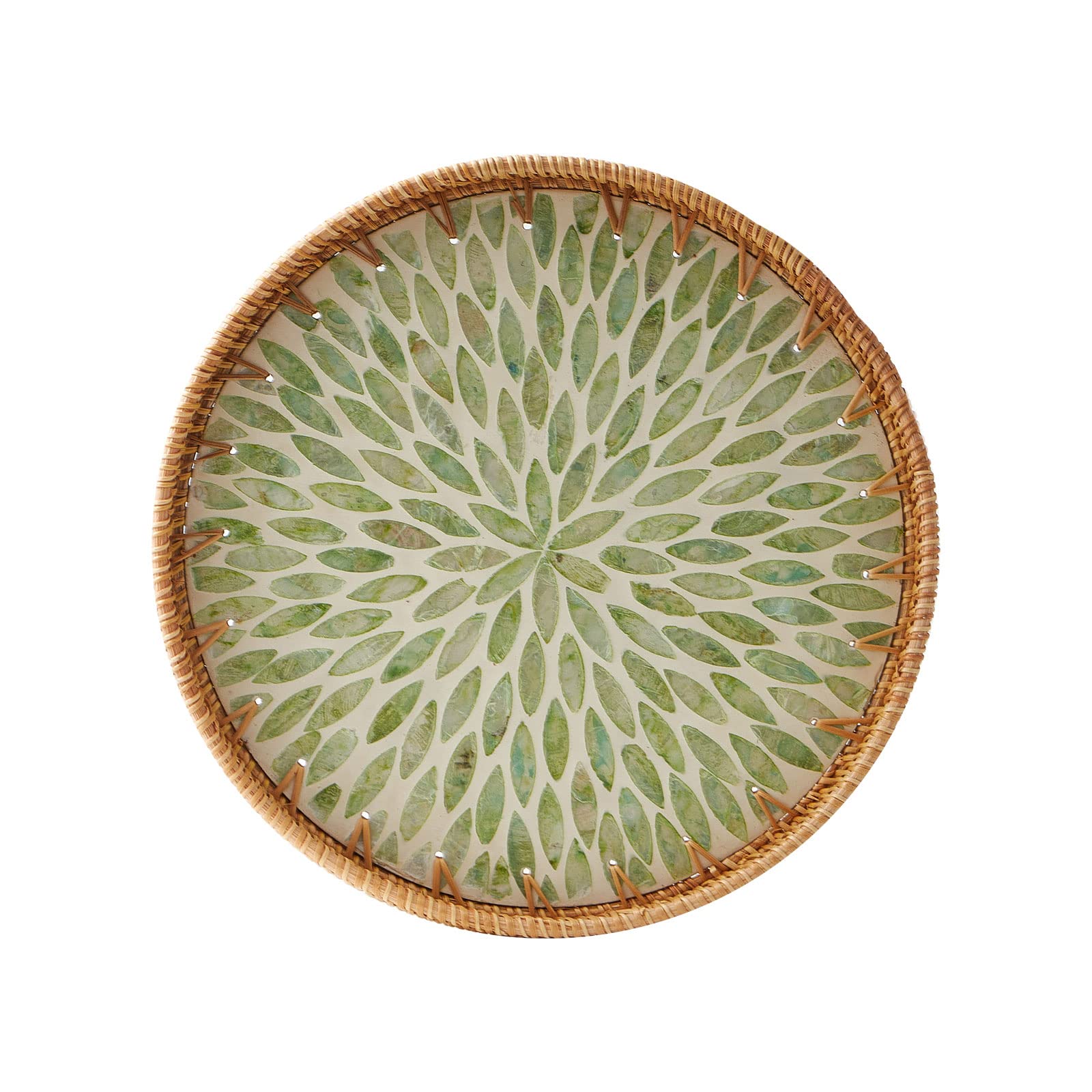 Round Rattan Tray With Mother Of Pearl Inlay, Rattan Serving Tray With Wooden Base, Decorative Wicker Basket For Table Decor, St