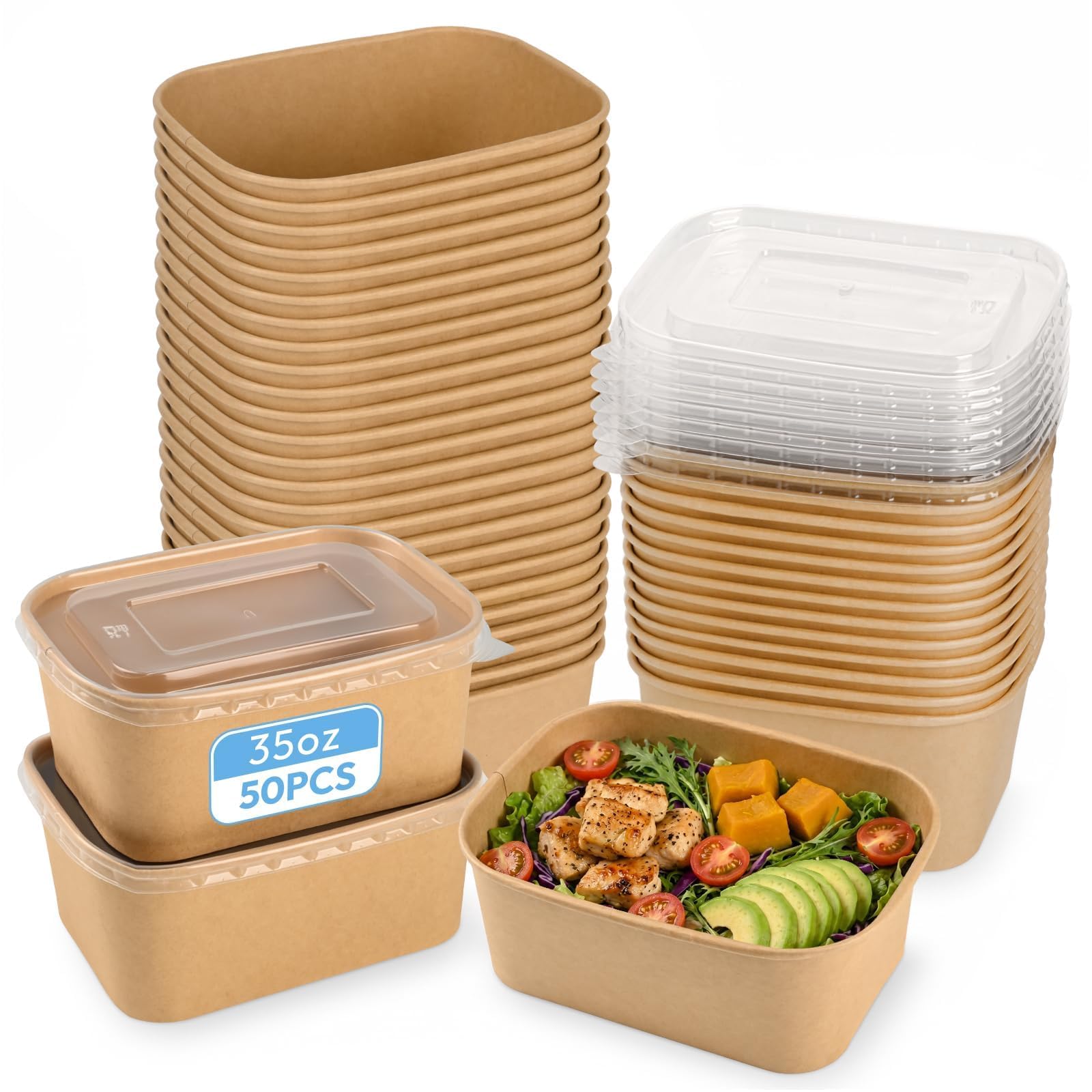 ZOEHROWS 35oz Disposable Meal Prep Containers, 50 Pack Cardboard Paper Food Containers with Lids, Large Paper Bowls For Salad, R