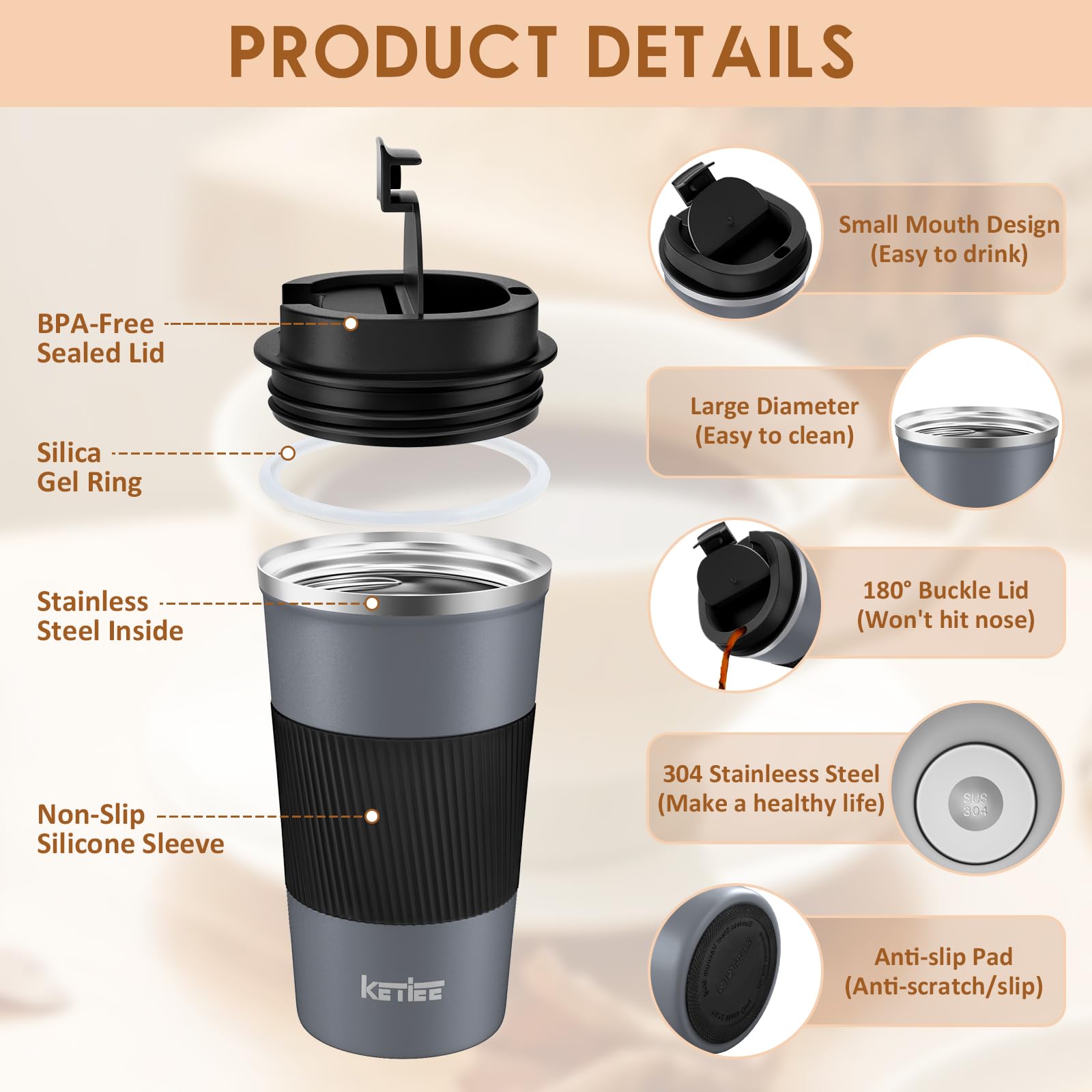 Ketiee Travel Coffee Mug 12Oz: Insulated Coffee Cup With Leakproof Lid, Coffee Tumbler, Reusable Coffee Cups With Seal Lid, Vacu