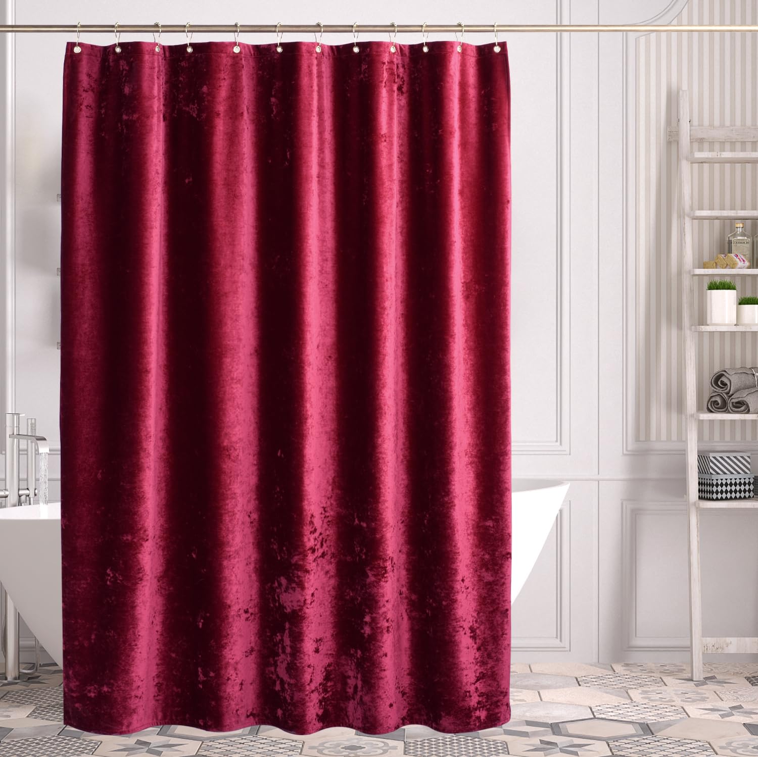 Tamgho Red Shower Curtain For Bathroom, Luxury Crushed Velvet Shower Curtain Red, Dark Shower Curtain Set With Gold Decro Metal