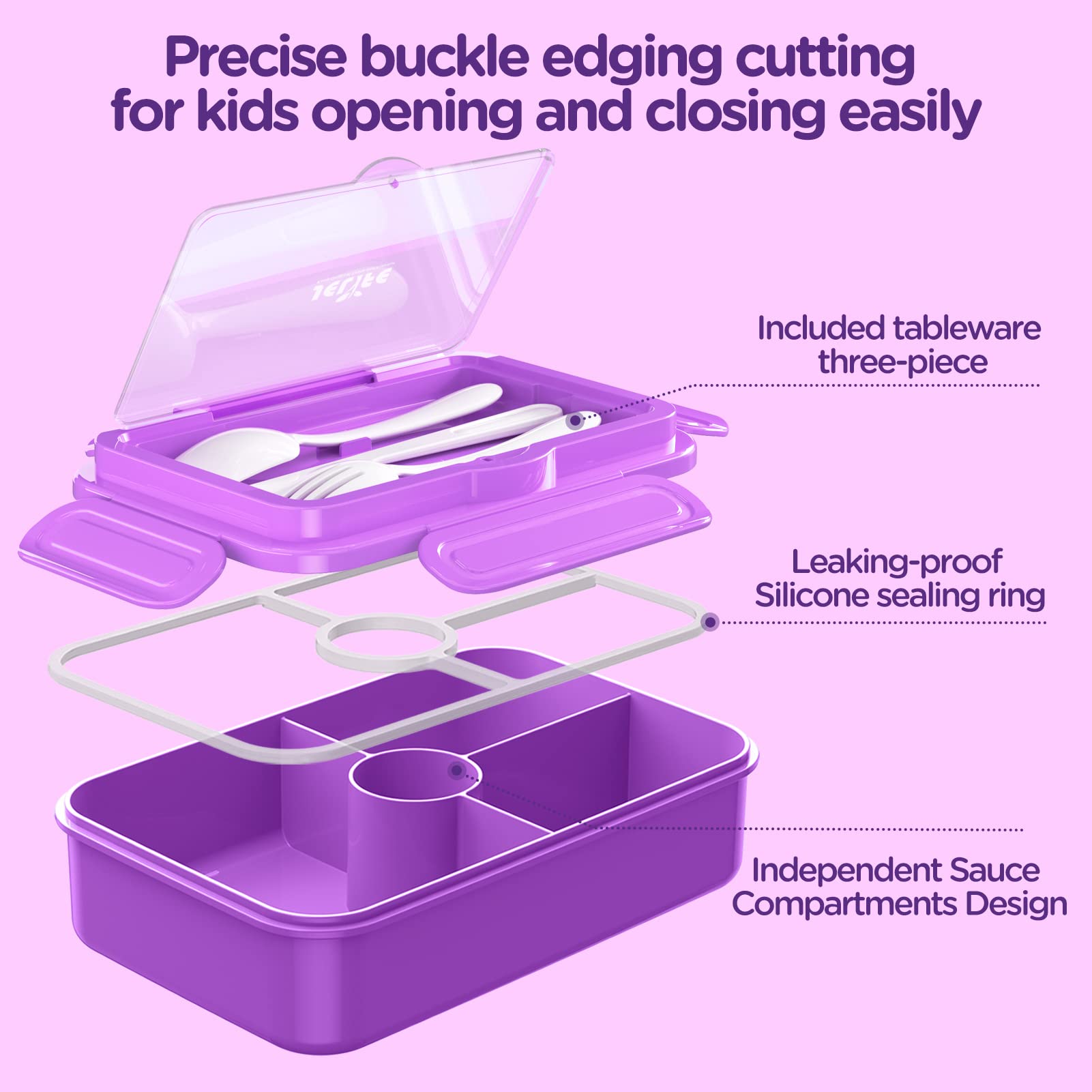 Jelife Lunch Box Kids Bento Box - Large Bento-Style Leakproof 4 Compartments Kids Lunchbox Food Containers with Utensils for Back to School  Reusable On-the-Go Meal and Snack Packing  Purple