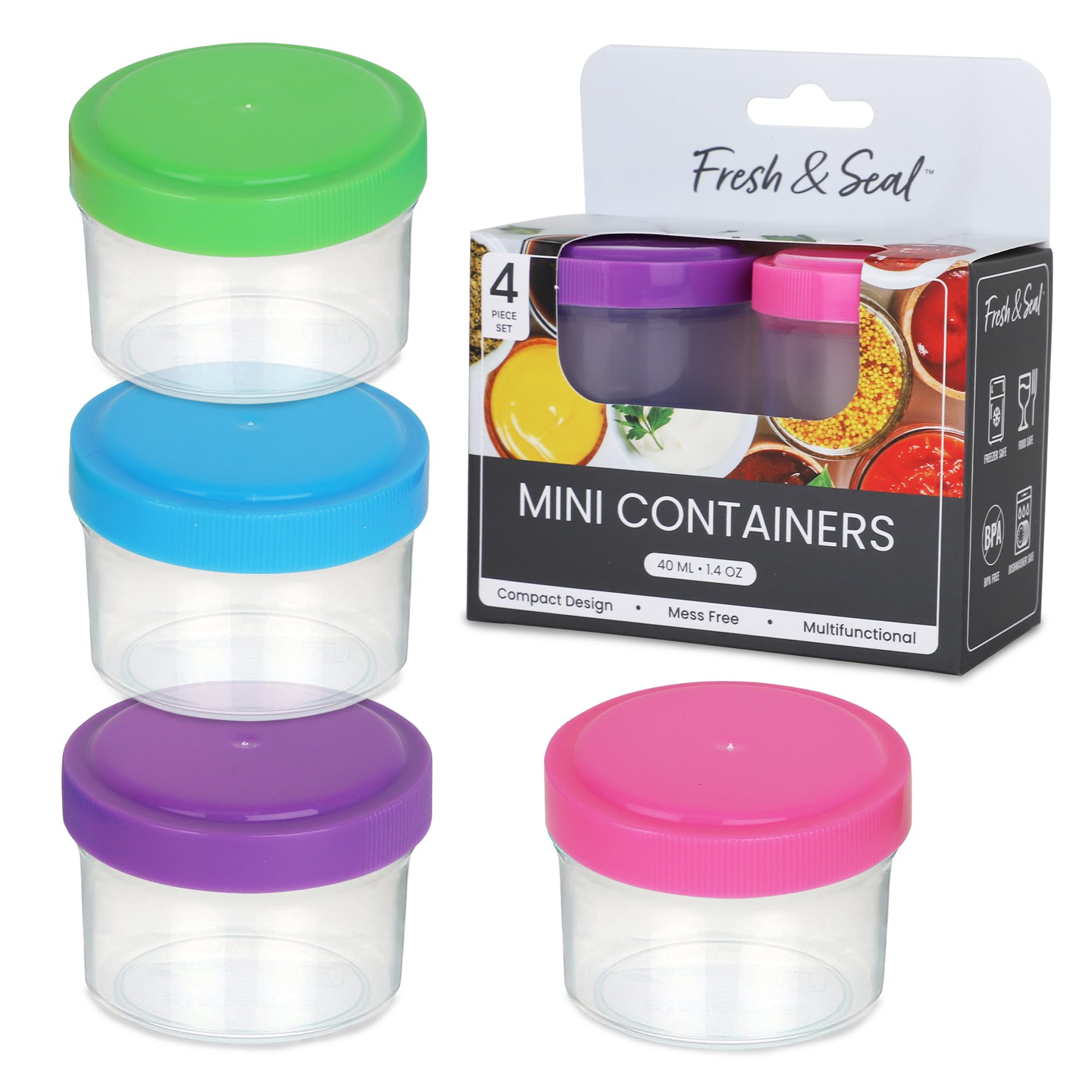 Mosjos Condiment Containers With Screw Lids (4-Piece) - Reusable Leakproof Salad Dressing Containers To Go - Small Mini Food Sto