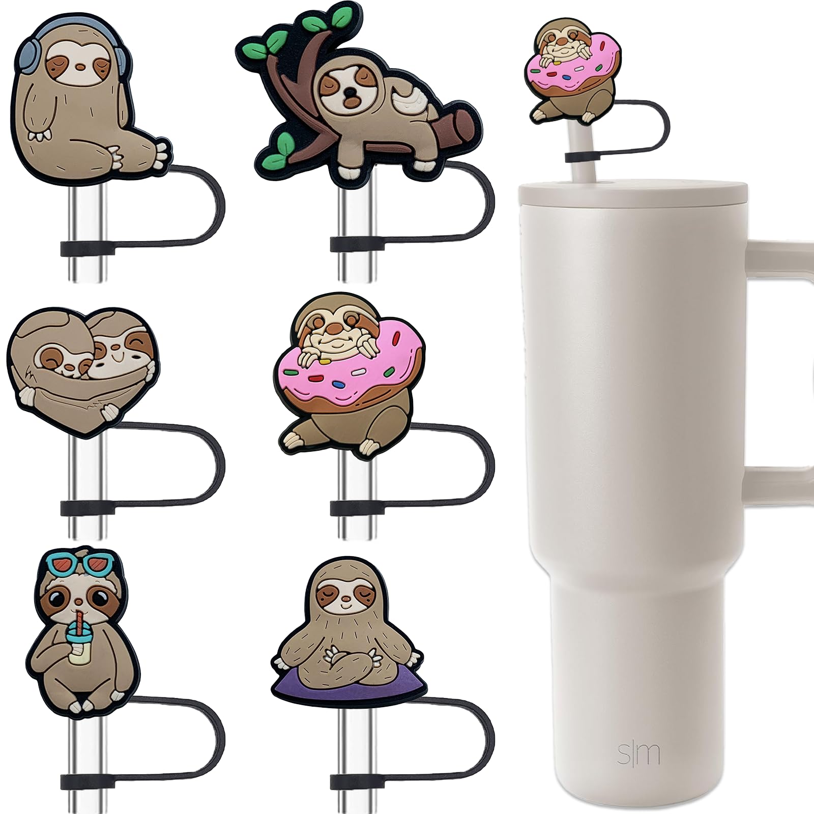 Amreich Sloth Straw Topper For Simple Modern, 6 Pcs Silicone Straw Cover Cap For Hydro Flask Tumblers, Animal Silicone Dust-Proo