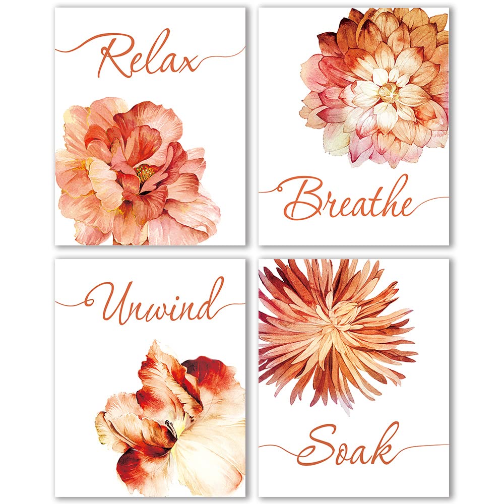 Iiiluyot 4Pcs Bathroom Wall Art Decor Flowers Unframed Poster Prints Relax, Soak, Unwind, Breathe, Bathroom Wall Decor Art Paint