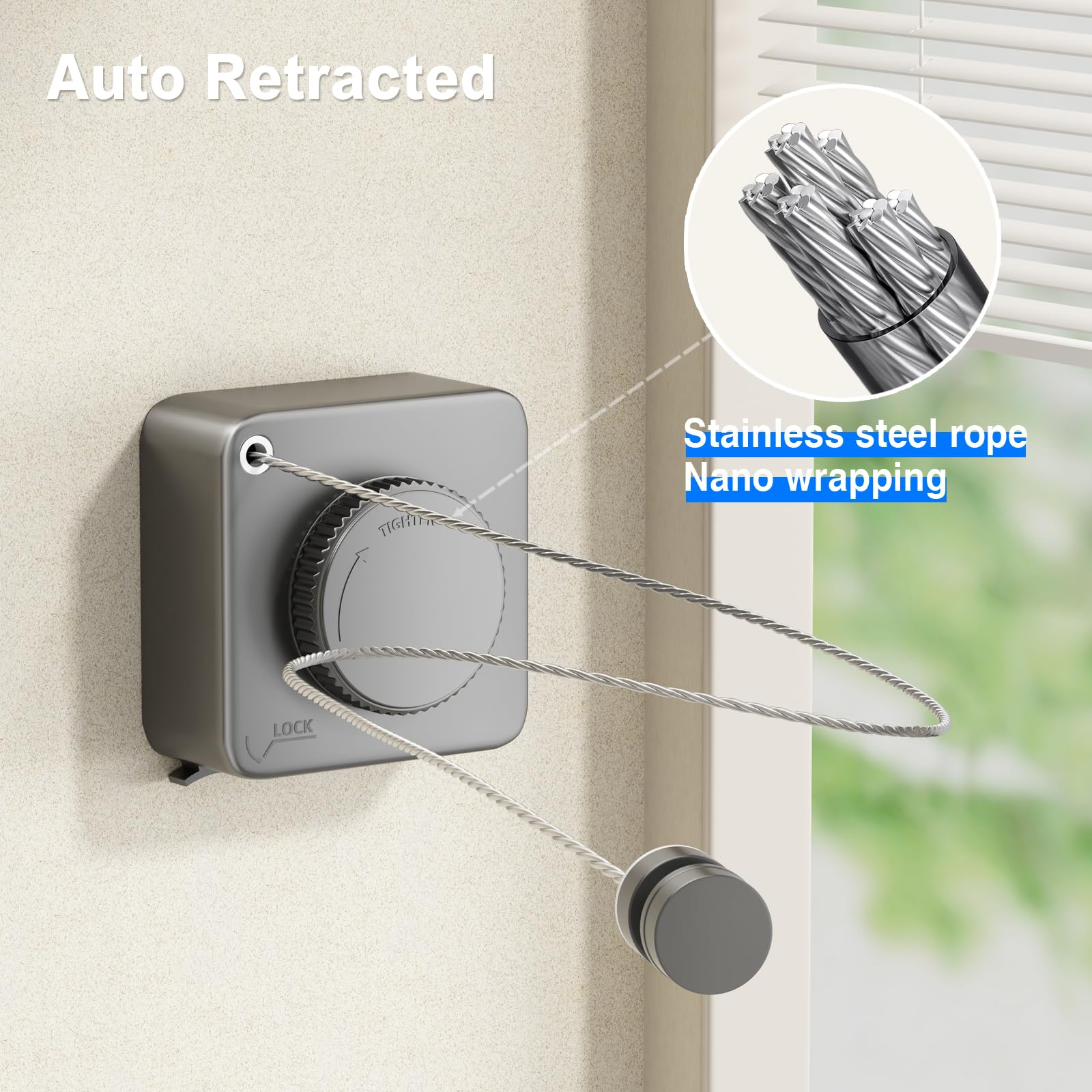 Mustorn Retractable Clothesline Indoor, Non-Sagging Outdoor Clothes Line Retracting Heavy Duty Clothes Drying Laundry Line Wall