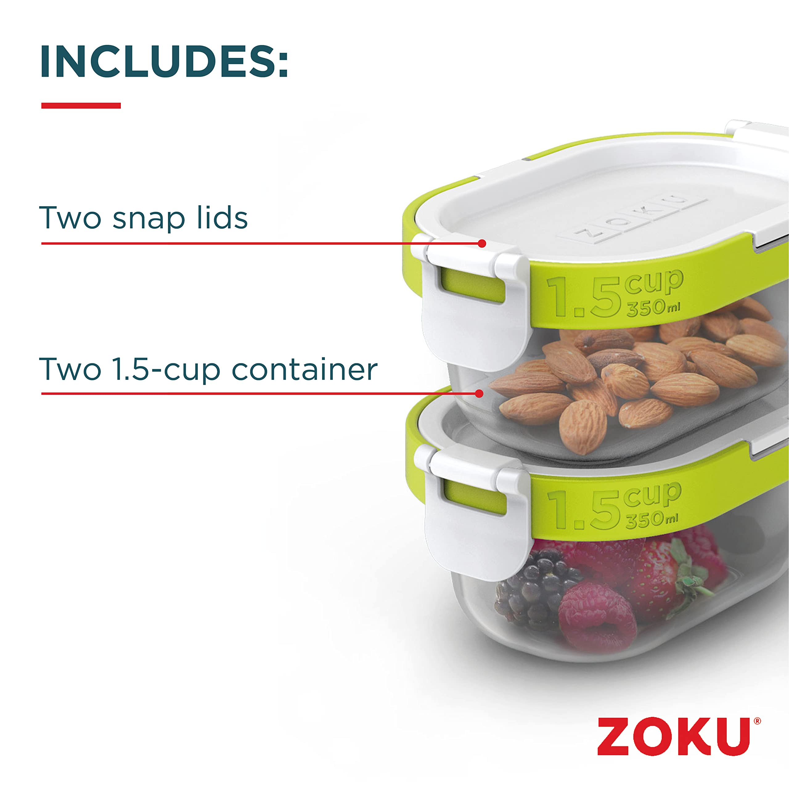 Zoku Food Storage Containers With Lids, Set Of 2 Reusable Airtight 1.5-Cup Snack Containers, Bpa Free (Neat Stack) (4 Piece)