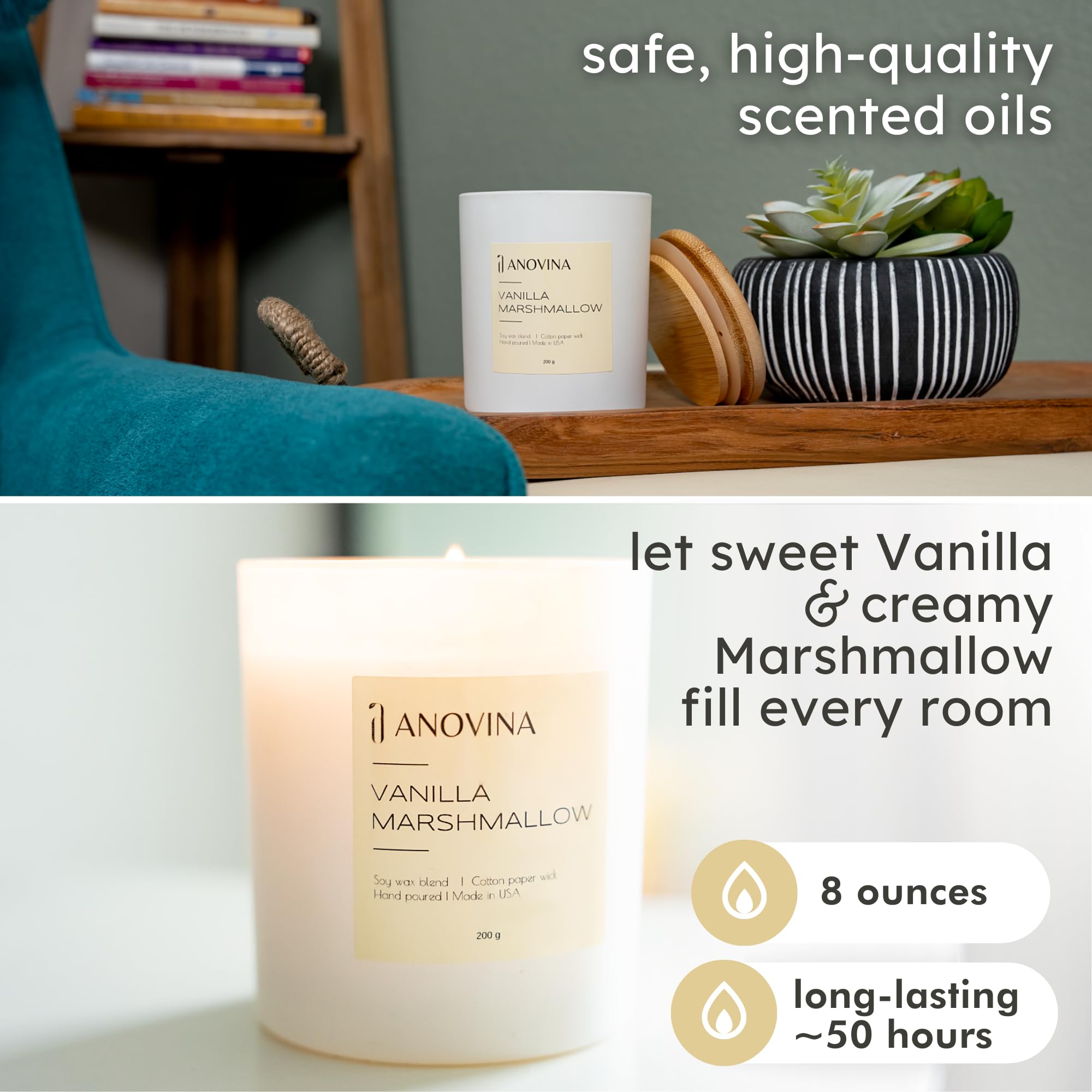 Anovina Vanilla Scented Candle with Gift Box. Candles for Home, Secented Candle Gifts for mom, Glass Jar with Bamboo Lid Hand Po