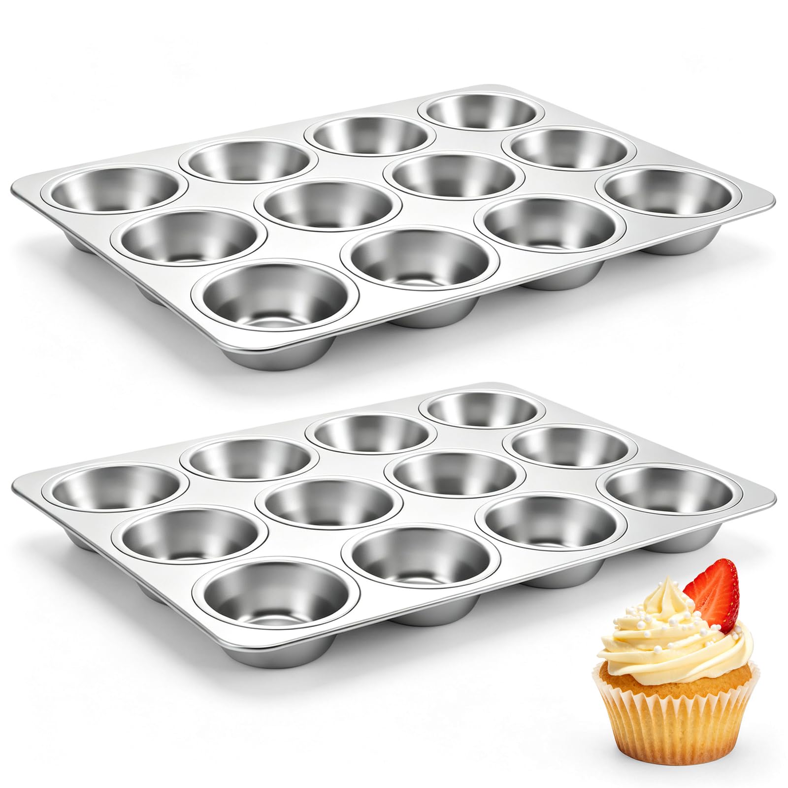 Onader Stainless Steel Muffin Pan Tin 12Cup, 2 Pack Cupcake Pan for Baking