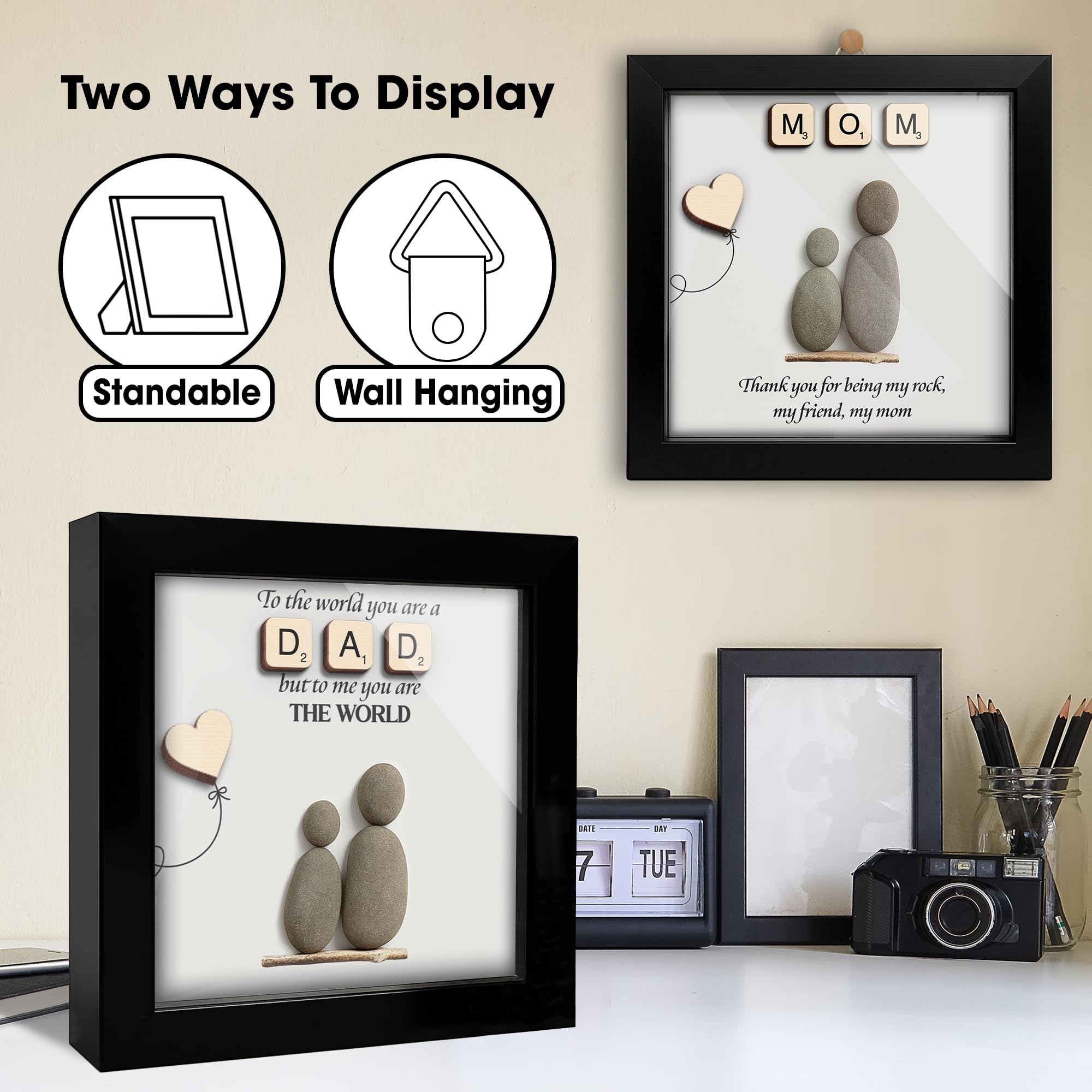 Dad Christmas Gifts Pebble Art Framed Thank You Gifts for Dad from Daughter Son, To the World You Are a Dad Family Rock Frame Wa