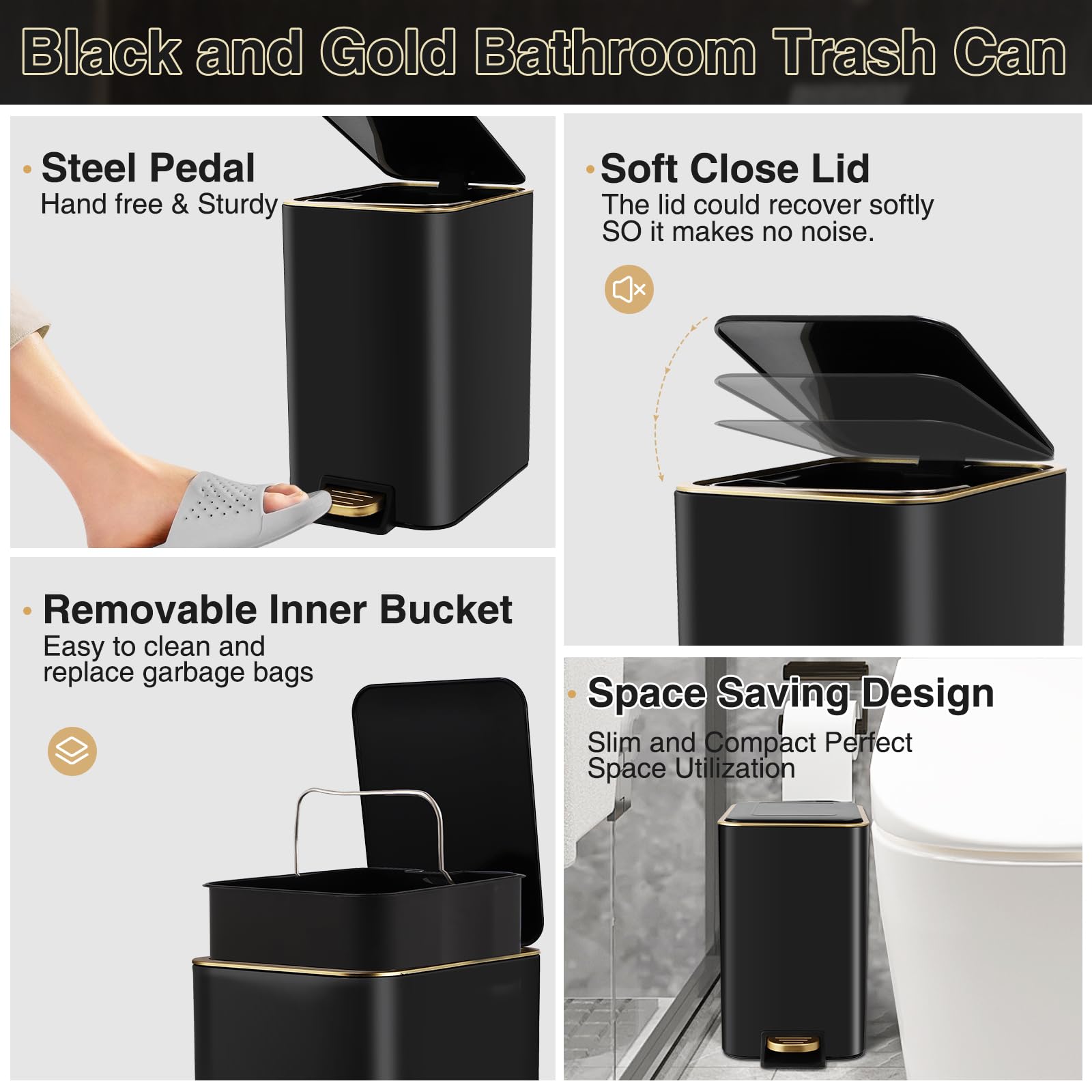 Xlhomo Black Bathroom Accessories Set 8 Piece Black And Gold Bathroom Set, Bathroom Sets With Stainless Steel Trash Can,Toilet B